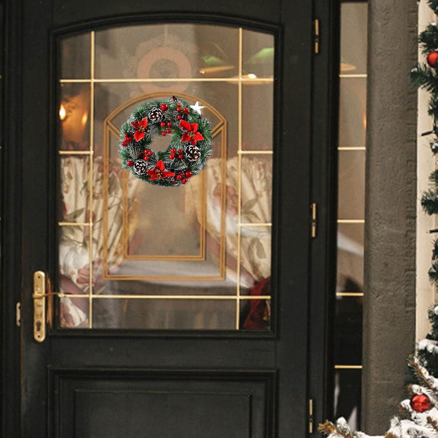 Corona de Navidad de 12.6 pulgadas para puerta delantera, flor de pascua roja, bayas y piñones, coronas de Navidad artificiales para exteriores,