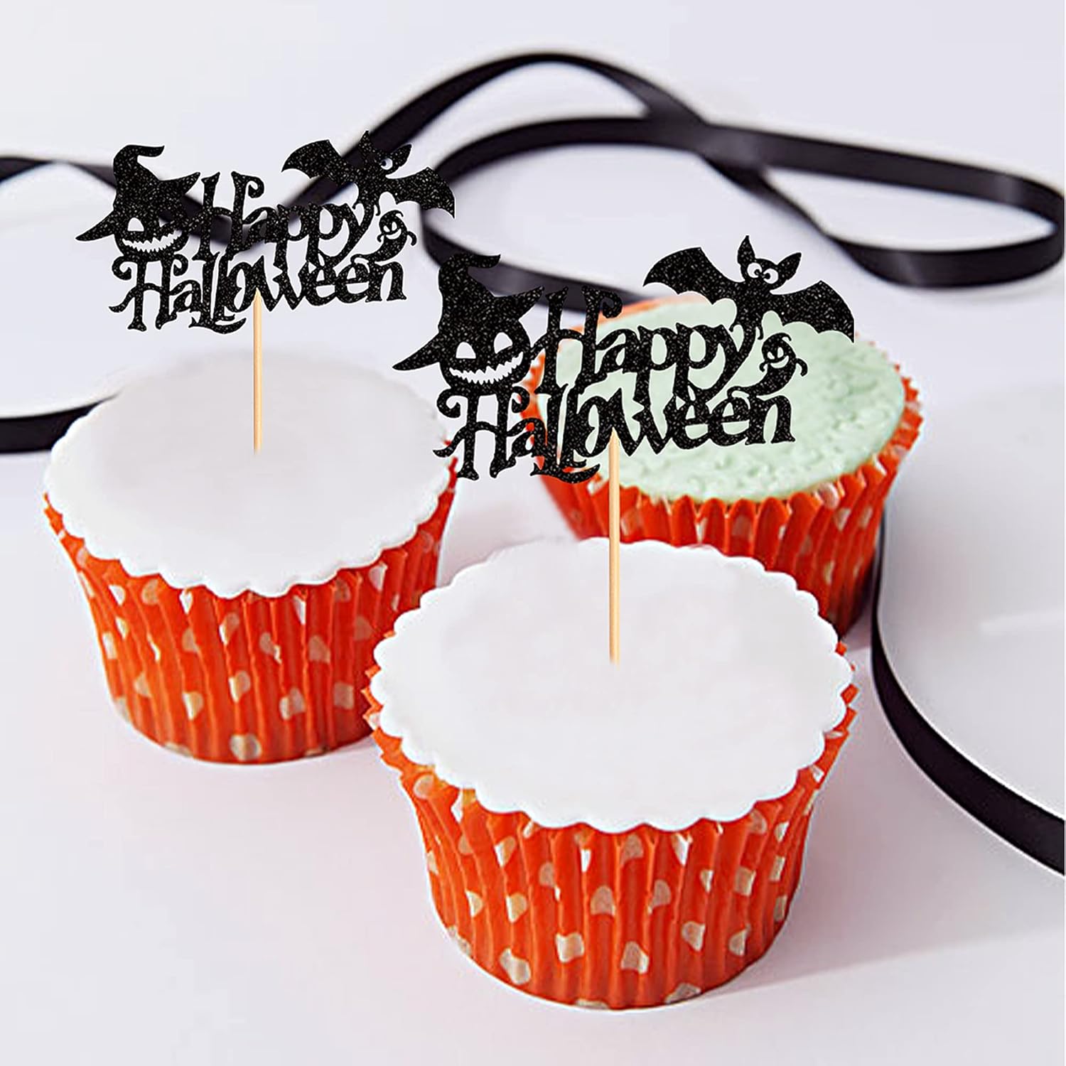 Ercadio Paquete de 24 adornos para cupcakes de Halloween con purpurina negra, murciélago, fantasma, calabaza, sombrero de Halloween para cupcakes,