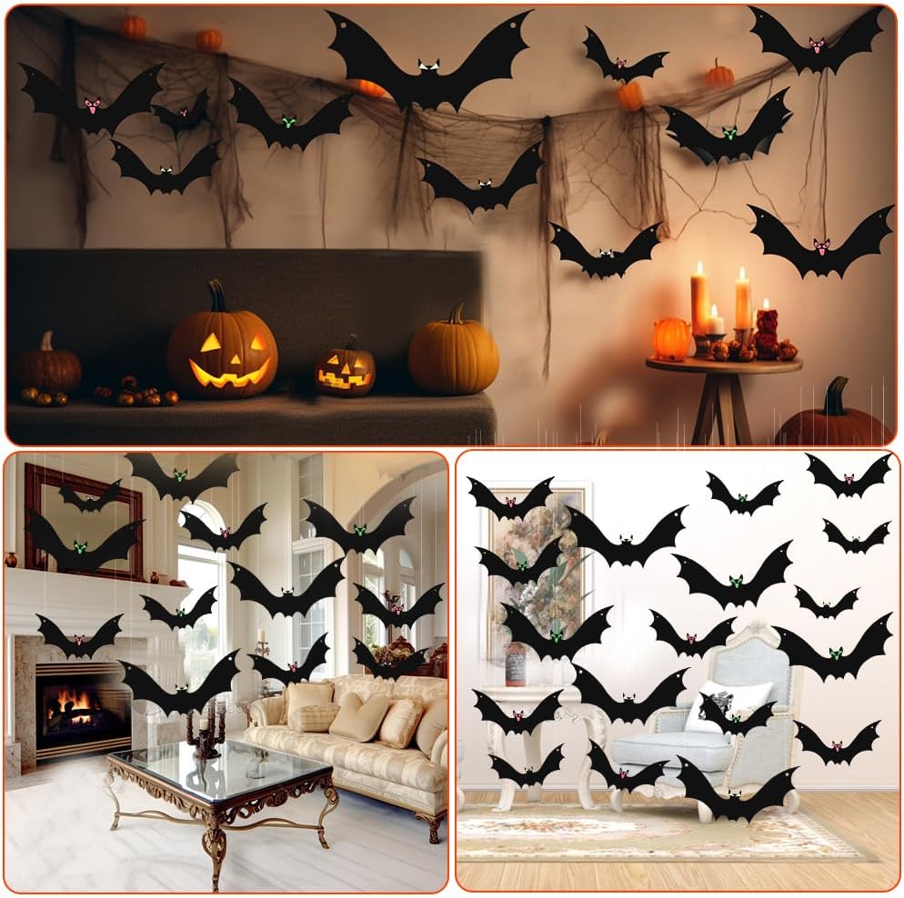Murciélagos colgantes, 18 piezas de decoración de murciélagos de Halloween, impermeables, 3 tamaños diferentes, decoraciones de Halloween,