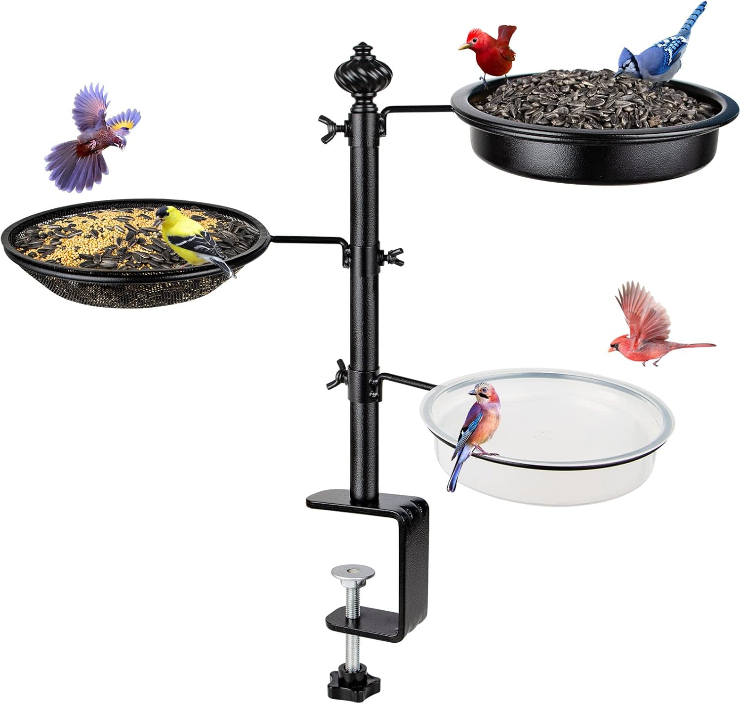 BOLITE Comedero para pájaros de cubierta para barandilla, comedero para pájaros de balcón para exterior, tres bandejas, versión mejorada, color negro