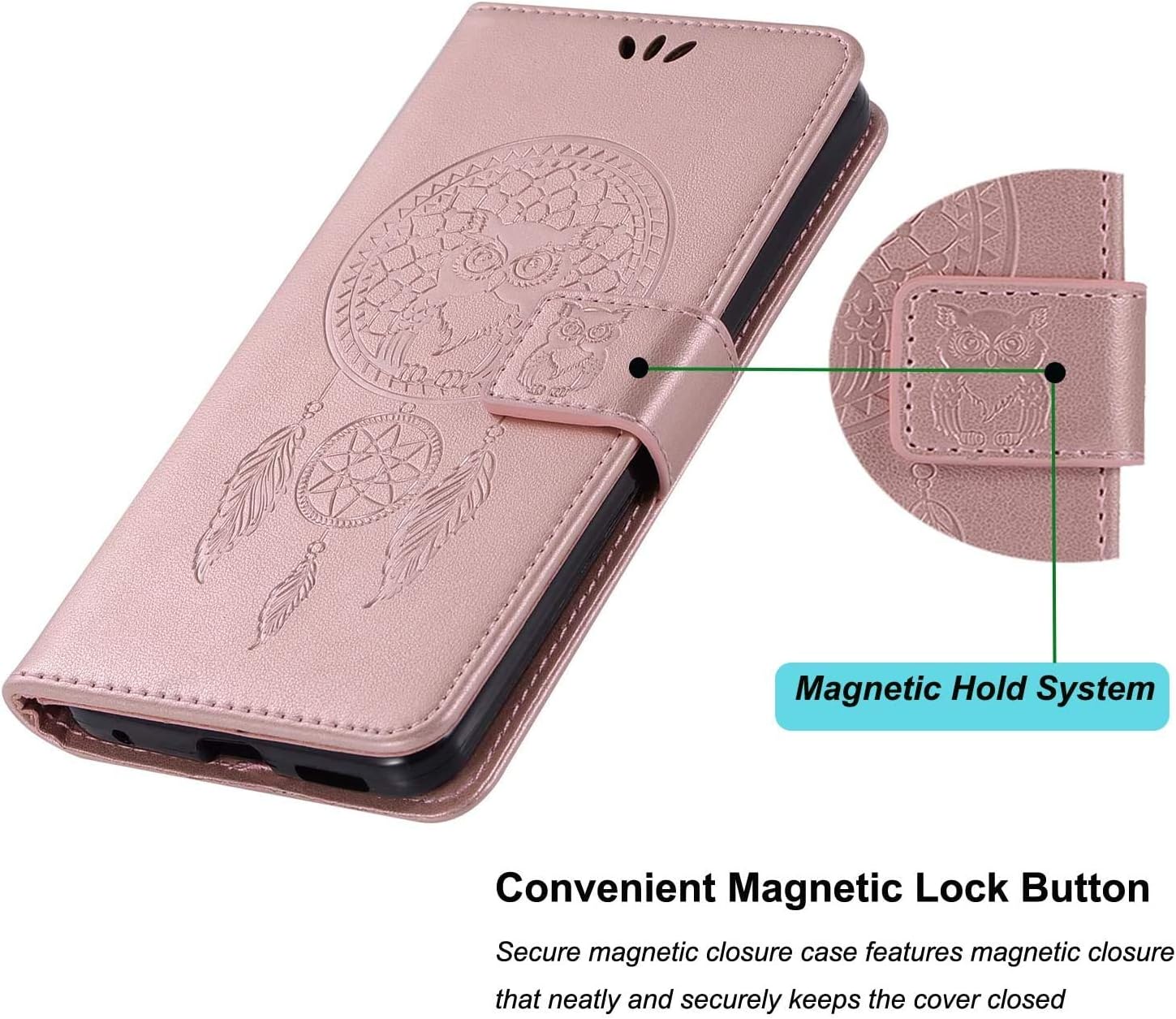Funda para Moto E 2020, Motorola E 2020 con tarjetero correa para la muñeca Funda de piel sintética con tapa para Motorola Moto E 2020 (oro rosa)