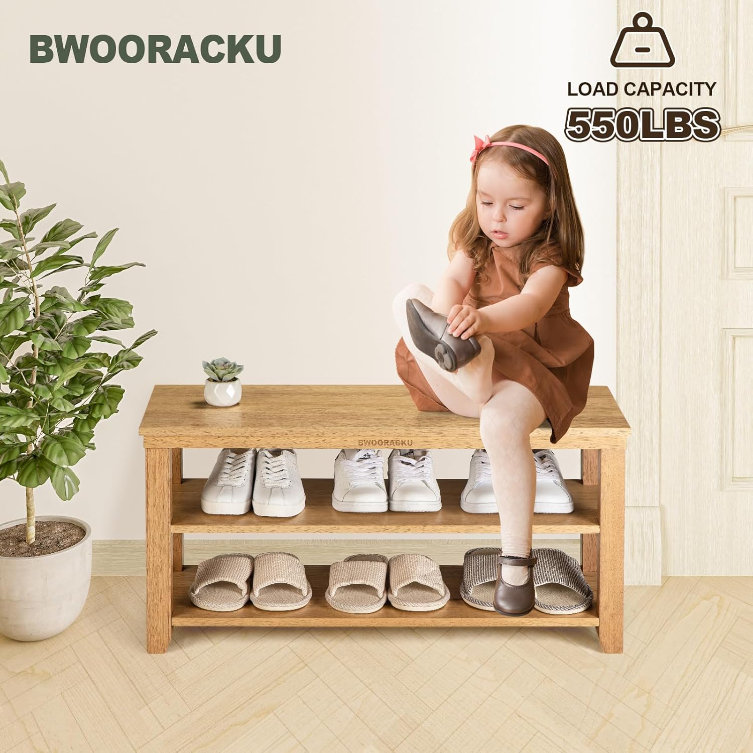Zapatero de madera maciza, almacenamiento de zapatos de entrada de 3 niveles, soporta hasta 550 libras, estante organizador de zapatos para pasillo,