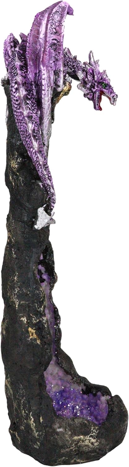 Ebros Gift Quartcita Elemental Dragon Guarding Faux Geoda Cuarzo Cristal Quarry Rock Pilar Incienso Soporte Figurita Fantasía Mítico Calabozos y