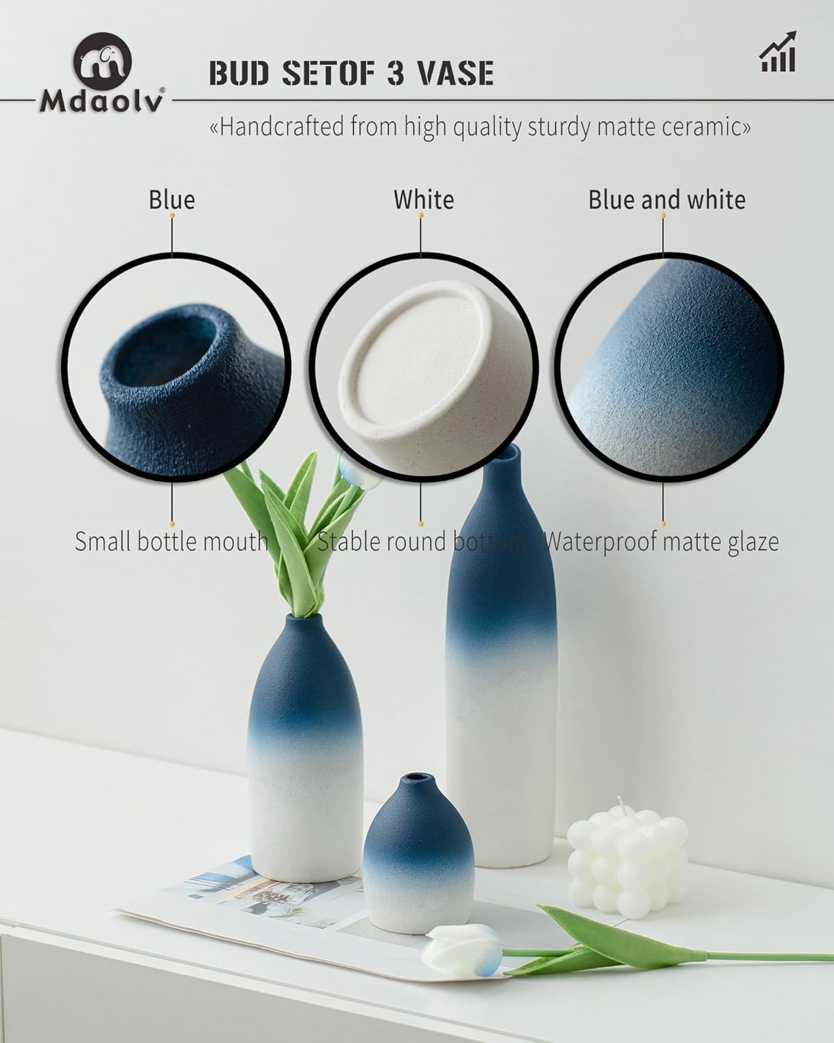 Juego de jarrones azul y blanco para decoración costera de isla de cocina, sala de estar, mesa de oficina, chimenea, decoración de repisa y baño,