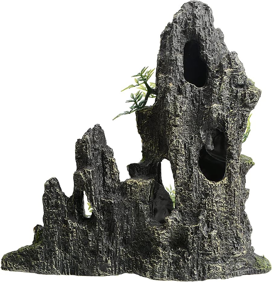 Saim Decoraciones grandes para pecera, adorno de acuario con vista a la montaña con cueva de casa del árbol, cueva rocosa para pecera, cueva