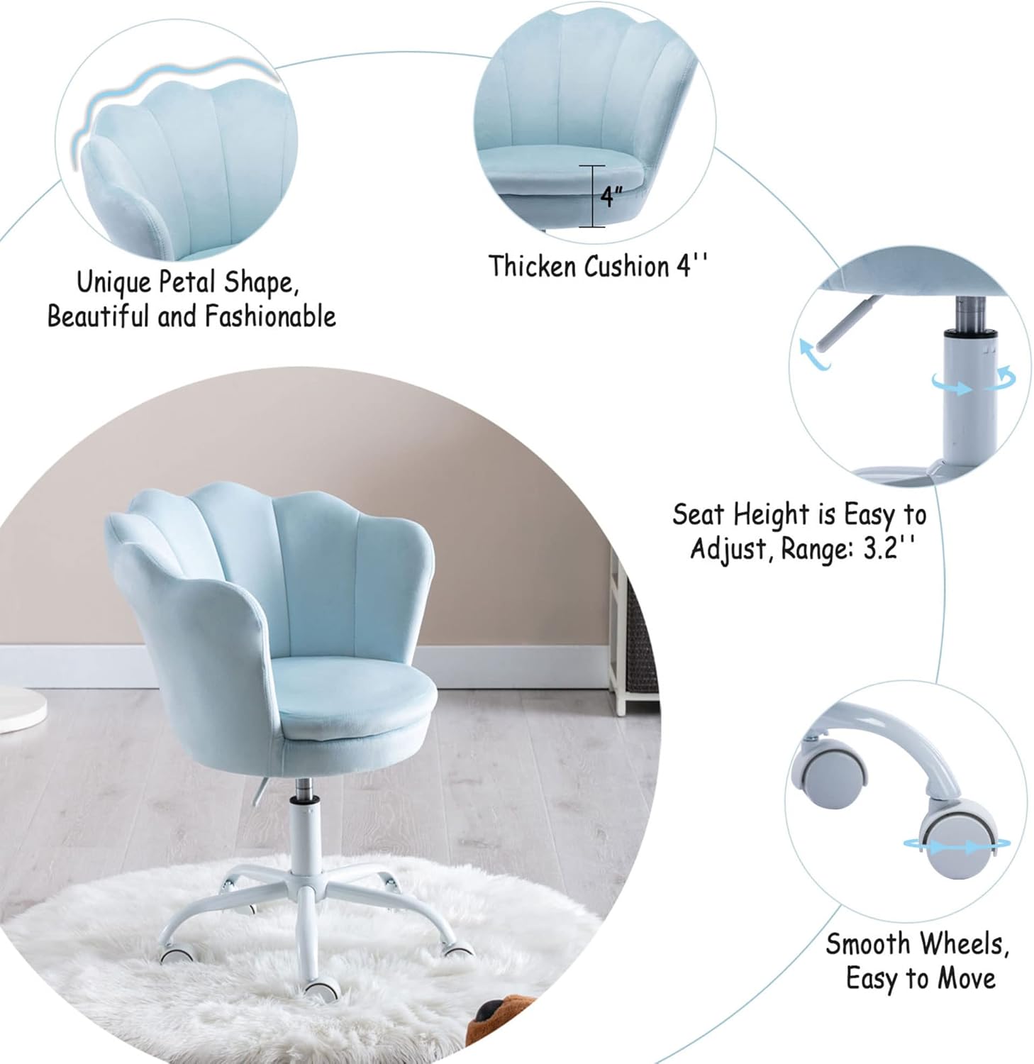 Silla de escritorio de terciopelo para niños, bonita silla de computadora moderna tapizada, con brazo giratorio, silla de tocador ajustable para