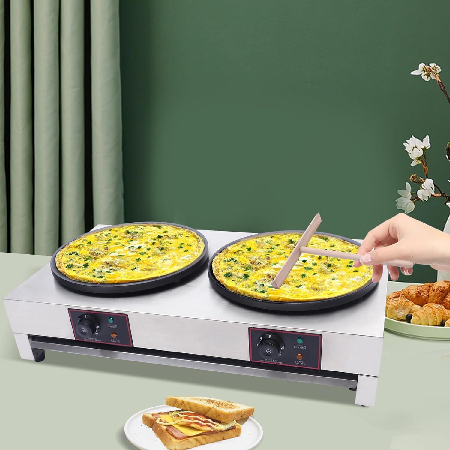Máquina para hacer crepas, sartén eléctrica antiadherente de 110 V, máquina comercial para hacer crepas, crepes de acero inoxidable para desayunar