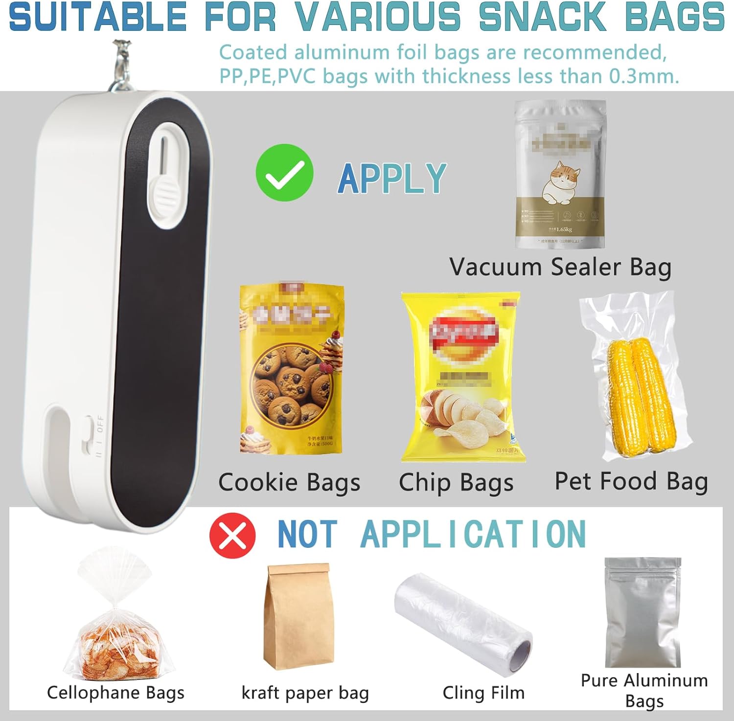 Mini sellador de bolsas, 2 en 1  resellador de plástico de mano recargable, máquina de sellado al vacío para mantener alimentos chips galletas