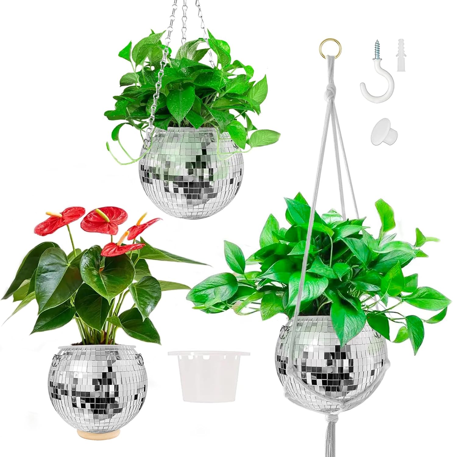 Macetas de riego automático para plantas de interior con orificio de drenaje, maceta de bola de discoteca con cadena, cuerda de macramé, anillo de