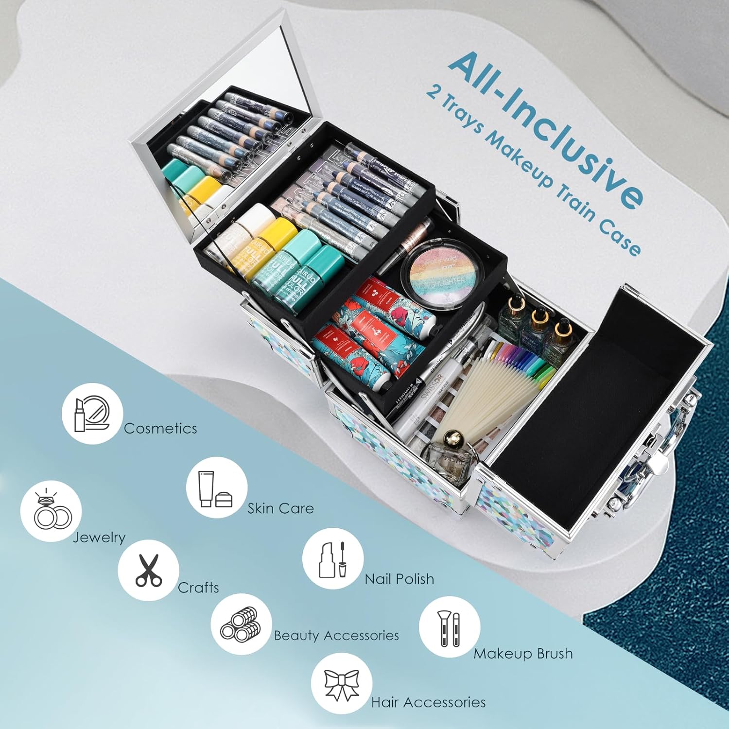 FRENESSA Estuche de tren de maquillaje, estuche organizador de cosméticos, caja de maquillaje portátil, 2 bandejas con espejo, estuche organizador
