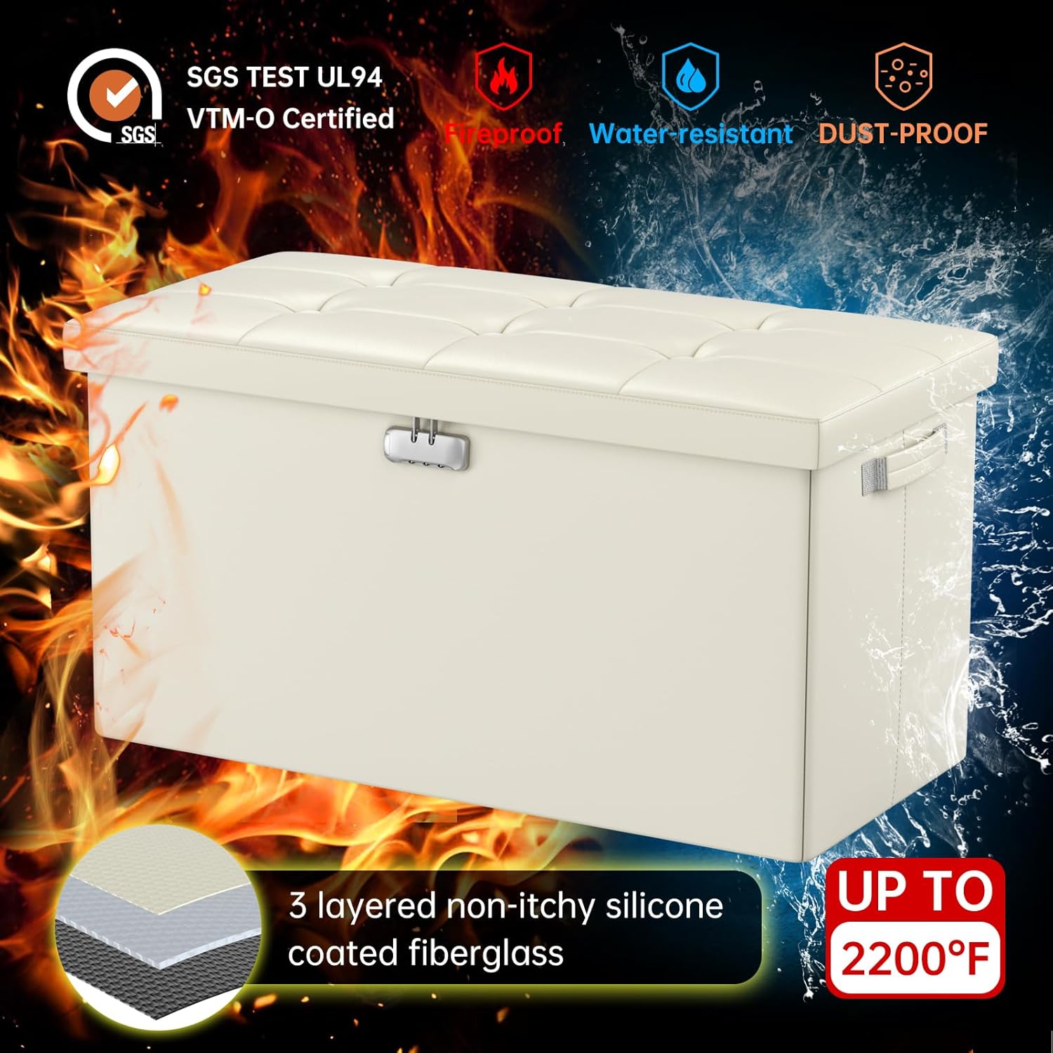 DocSafe Banco otomano de almacenamiento con cerradura, banco de almacenamiento plegable ignífugo, taburete de almacenamiento con almacenamiento
