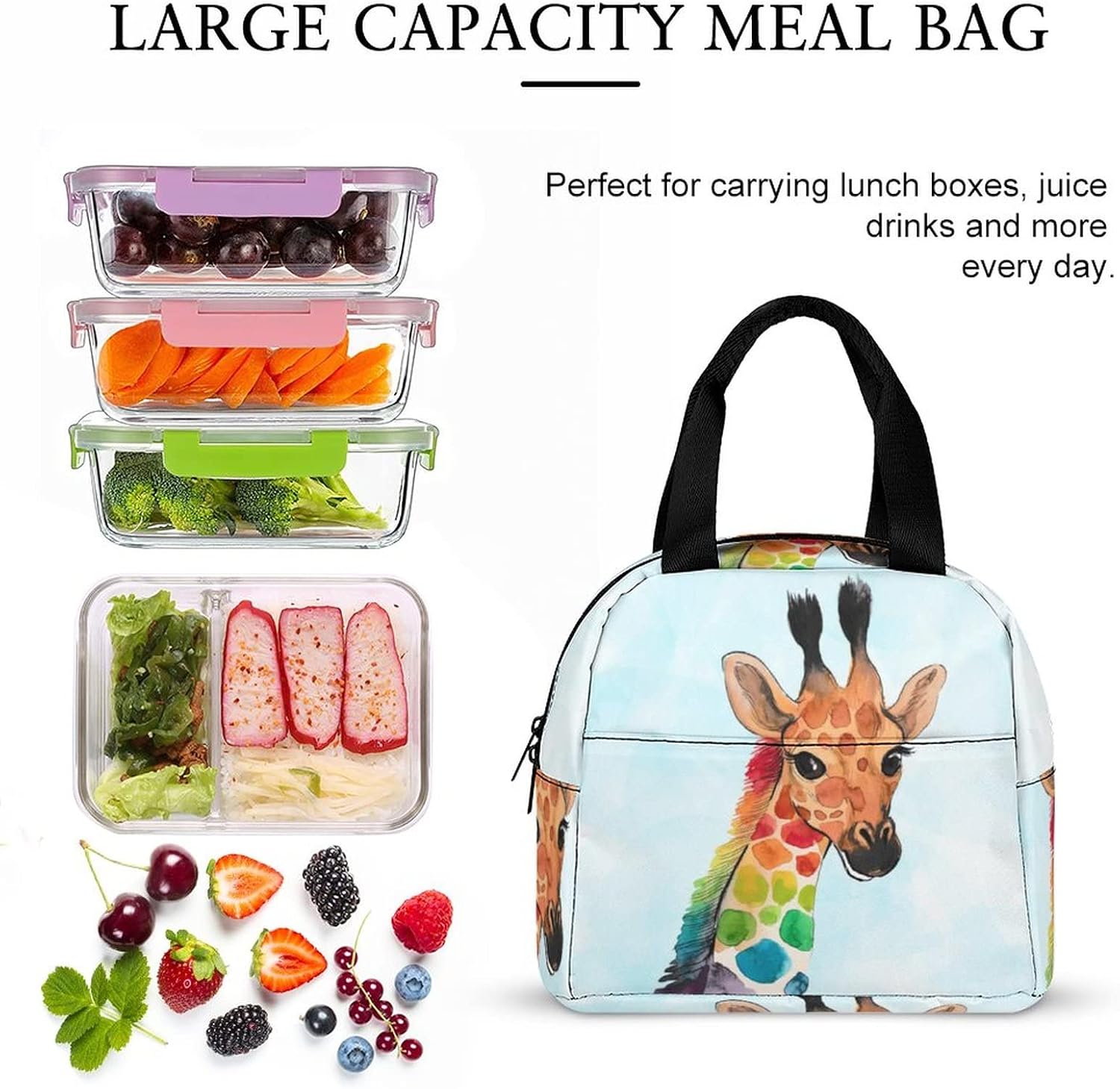 QJHEC Lonchera de jirafa, reutilizable, linda bolsa de almuerzo aislada para niños, bolsa de mano multifuncional para la escuela, contenedor de