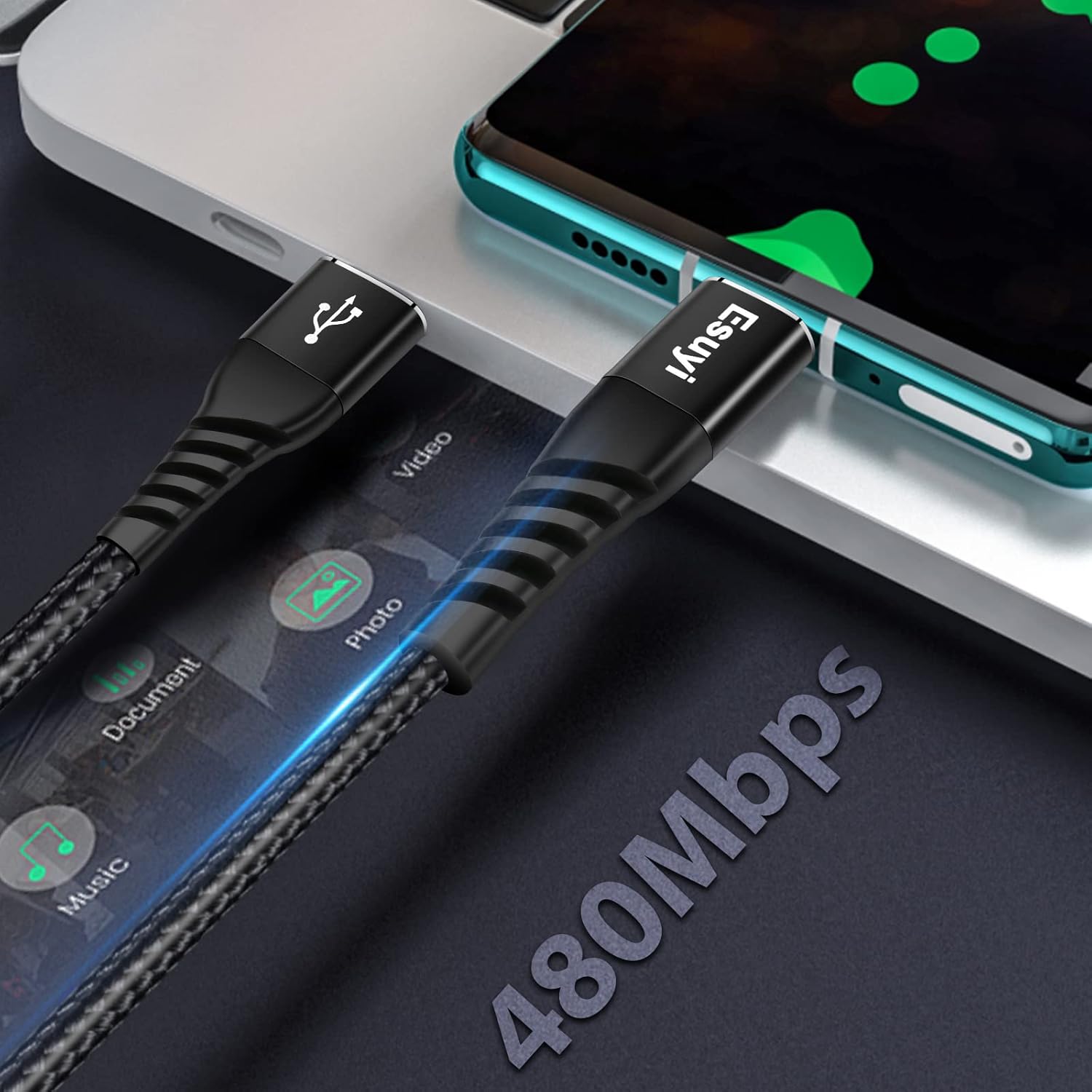 Esuyi Cable USB tipo C, 3.1A de carga rápida QC3.0, paquete de 5 unidades de 3.3 pies, 3.3 pies, 6.6 pies, 6.6 pies, 10 pies, USB-C a USB-A, cable