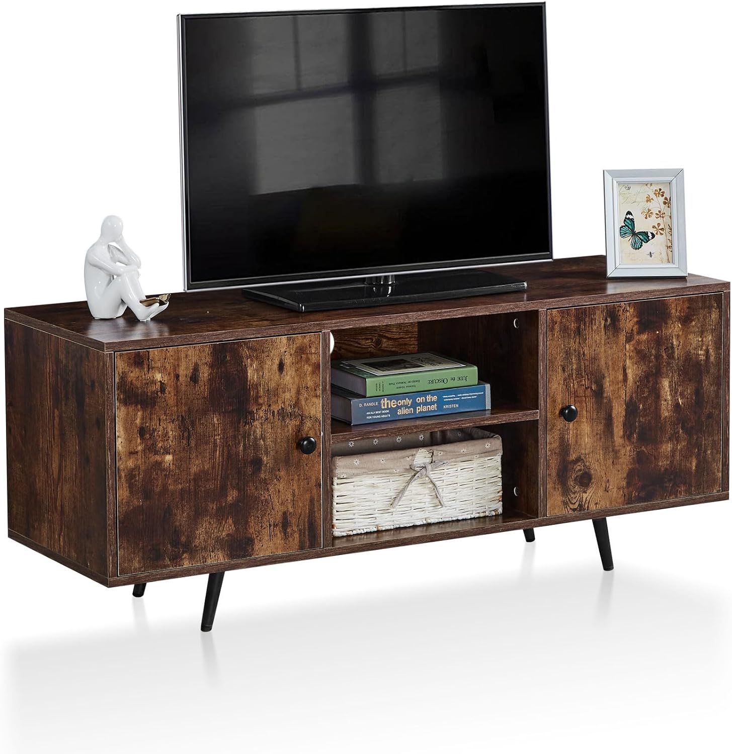 TUKAILAI Soporte de TV para TV de 55 pulgadas, centro de entretenimiento con estantes de almacenamiento y 2 gabinetes, mesa consola de TV con patas