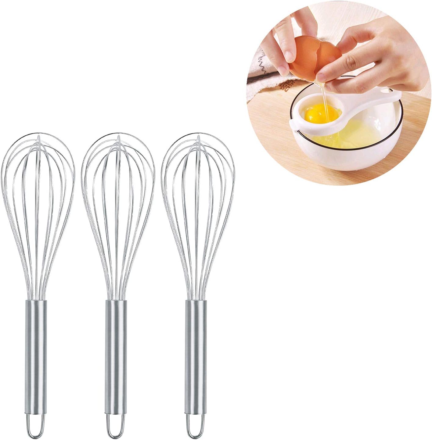 VITASUNHOW Batidores de alambre para fines domésticos, paquete de 3 batidores de huevos de mano de acero inoxidable de 10 pulgadas