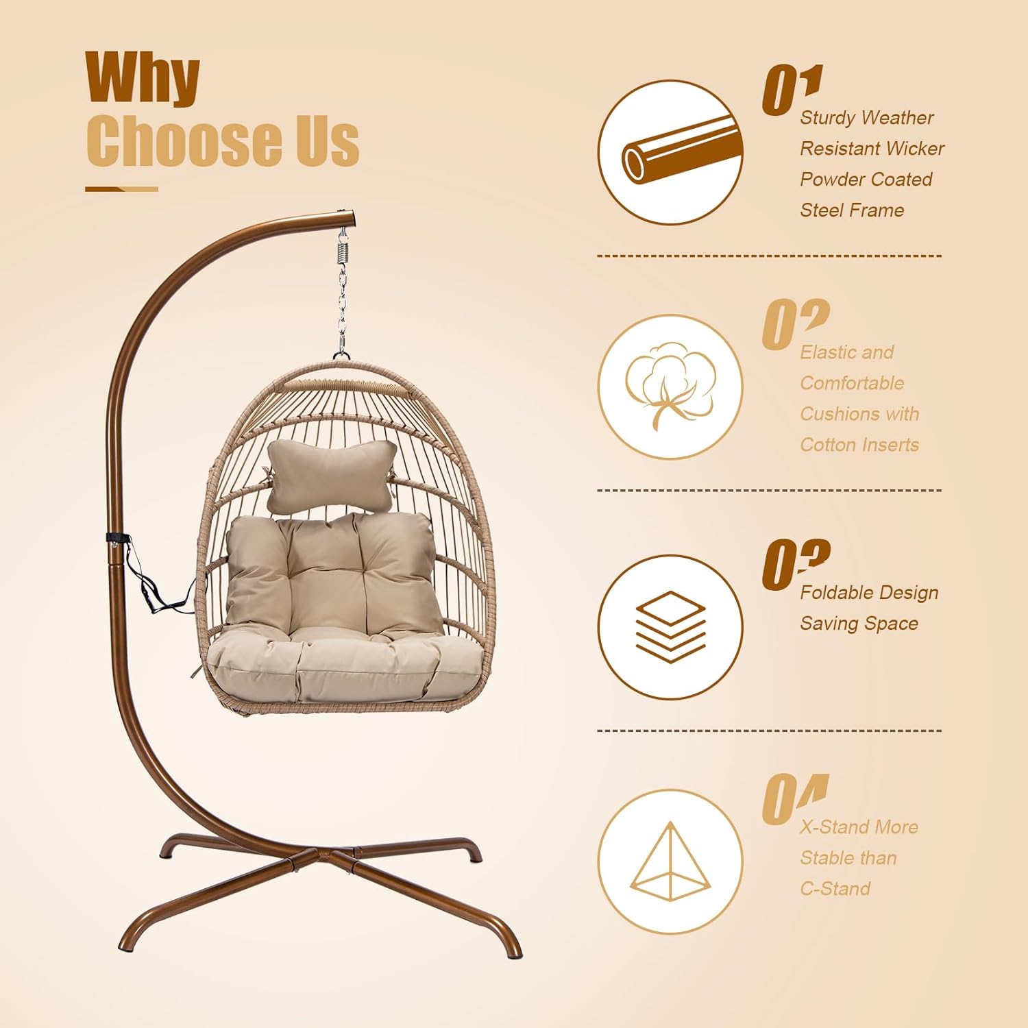 NICESOUL Silla de huevo con soporte para interiores y exteriores, sillas hamaca colgante para todo tipo de clima con cojín, 350 libras, silla
