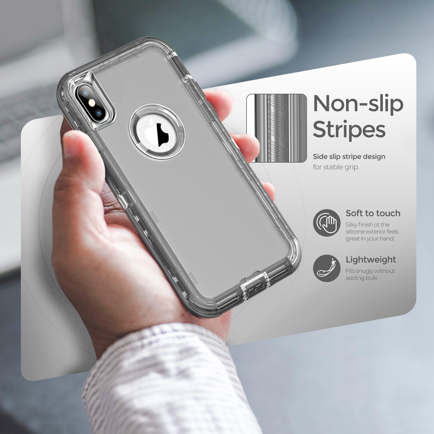 ORIbox Funda gris para iPhone Xs Max, protección contra caídas de grado militar de 10 pies, funda transparente resistente a prueba de golpes