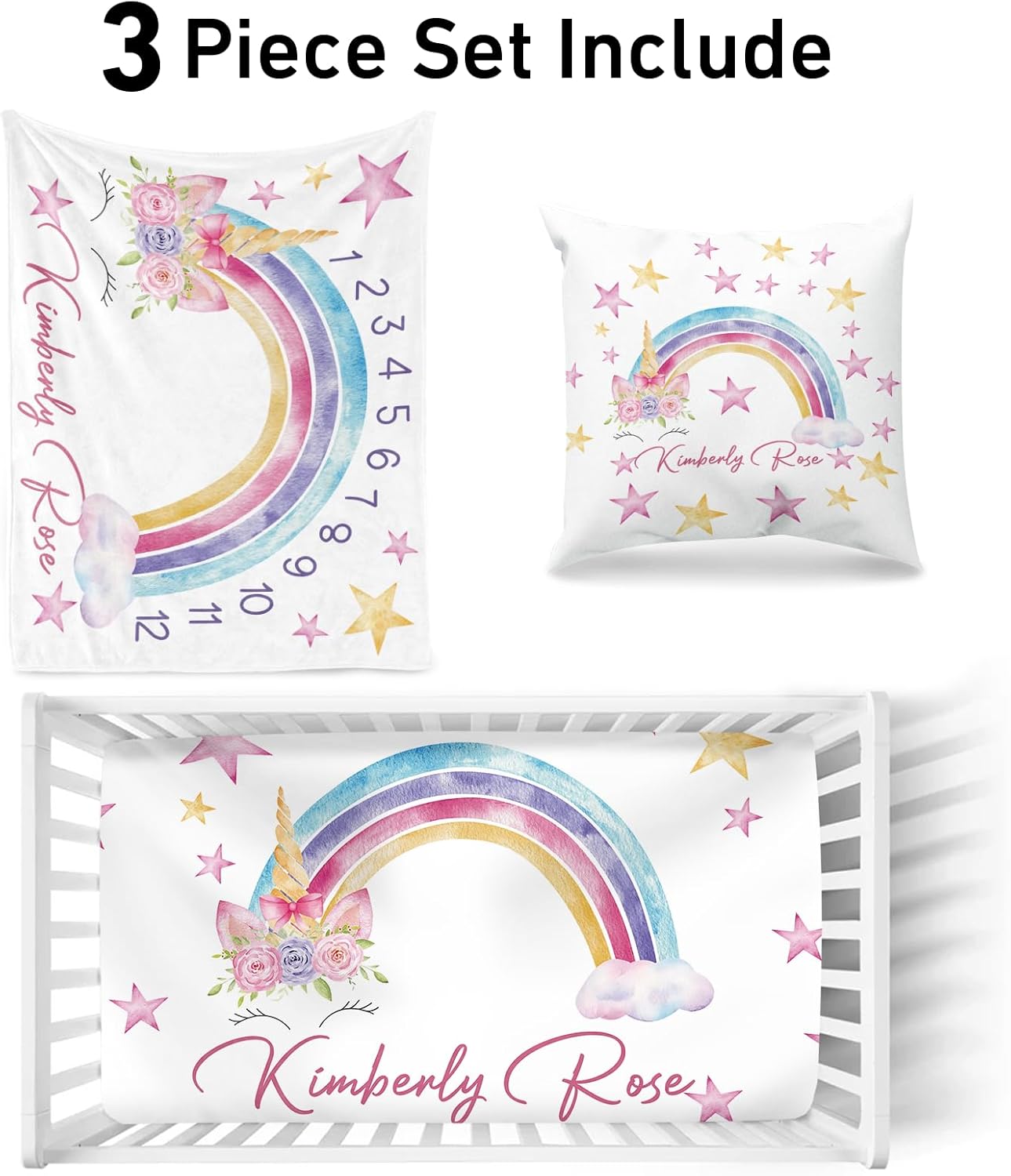 Juego de ropa de cama personalizado para cuna con nombre para niña, juegos de cuna de bebé con nombre personalizado para niños pequeños, juego de