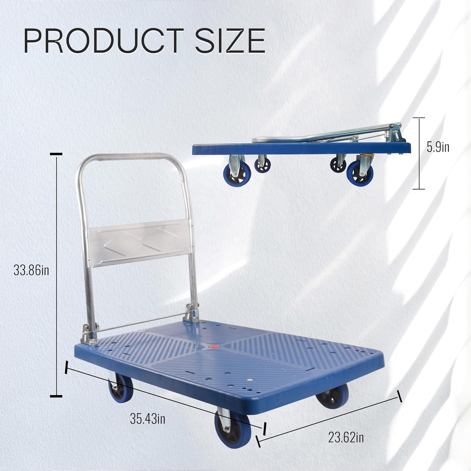 Carrito de cama plana, plataforma de alta capacidad de 660 libras, ruedas giratorias de 360 grados, carrito de mano plegable para carga y