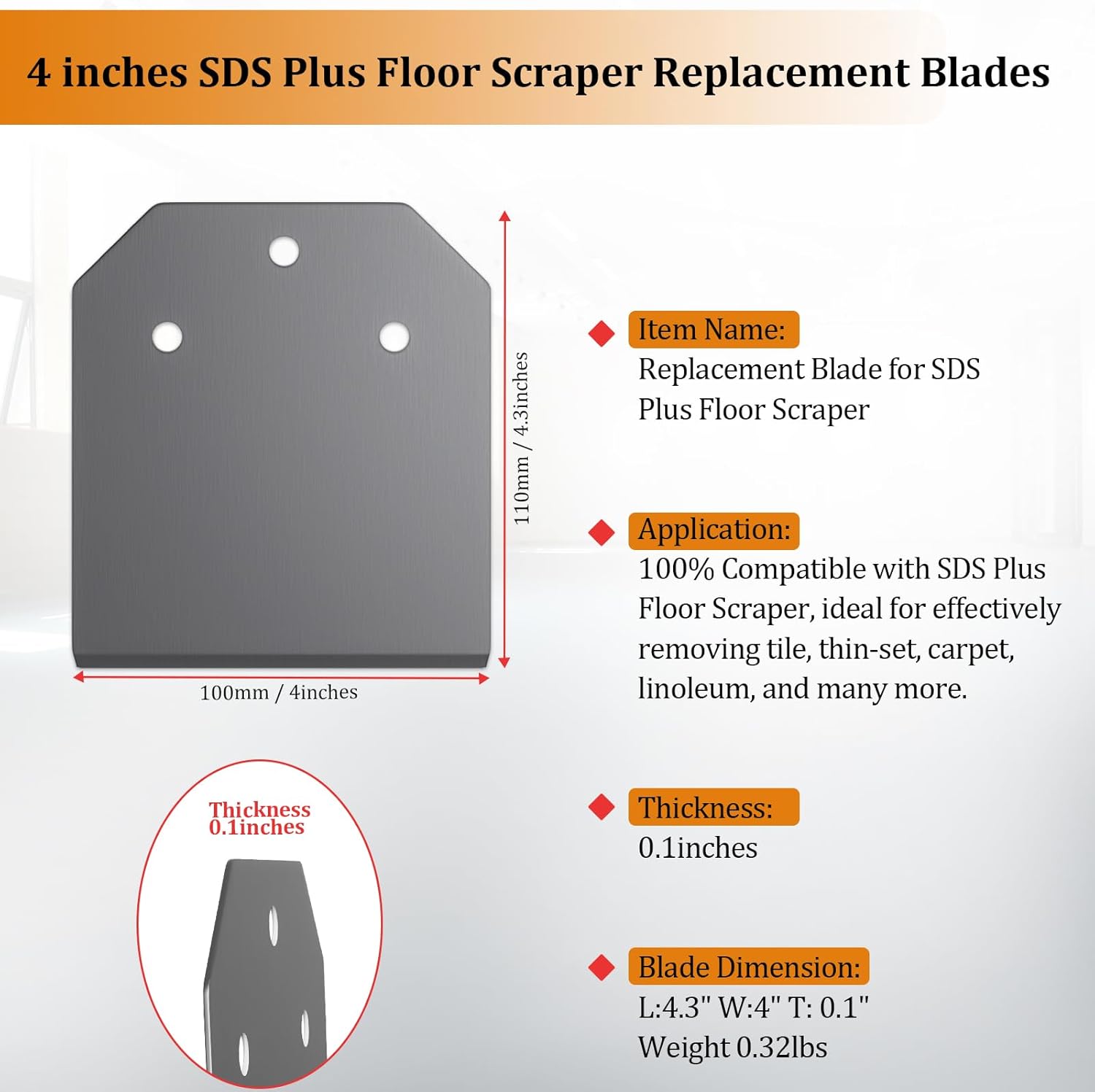 TOOVEM – 2 cuchillas de repuesto para rascador de suelo SDS Plus, cuchillas de eliminación de adhesivos de 4 pulgadas de ancho con pernos, tuercas y