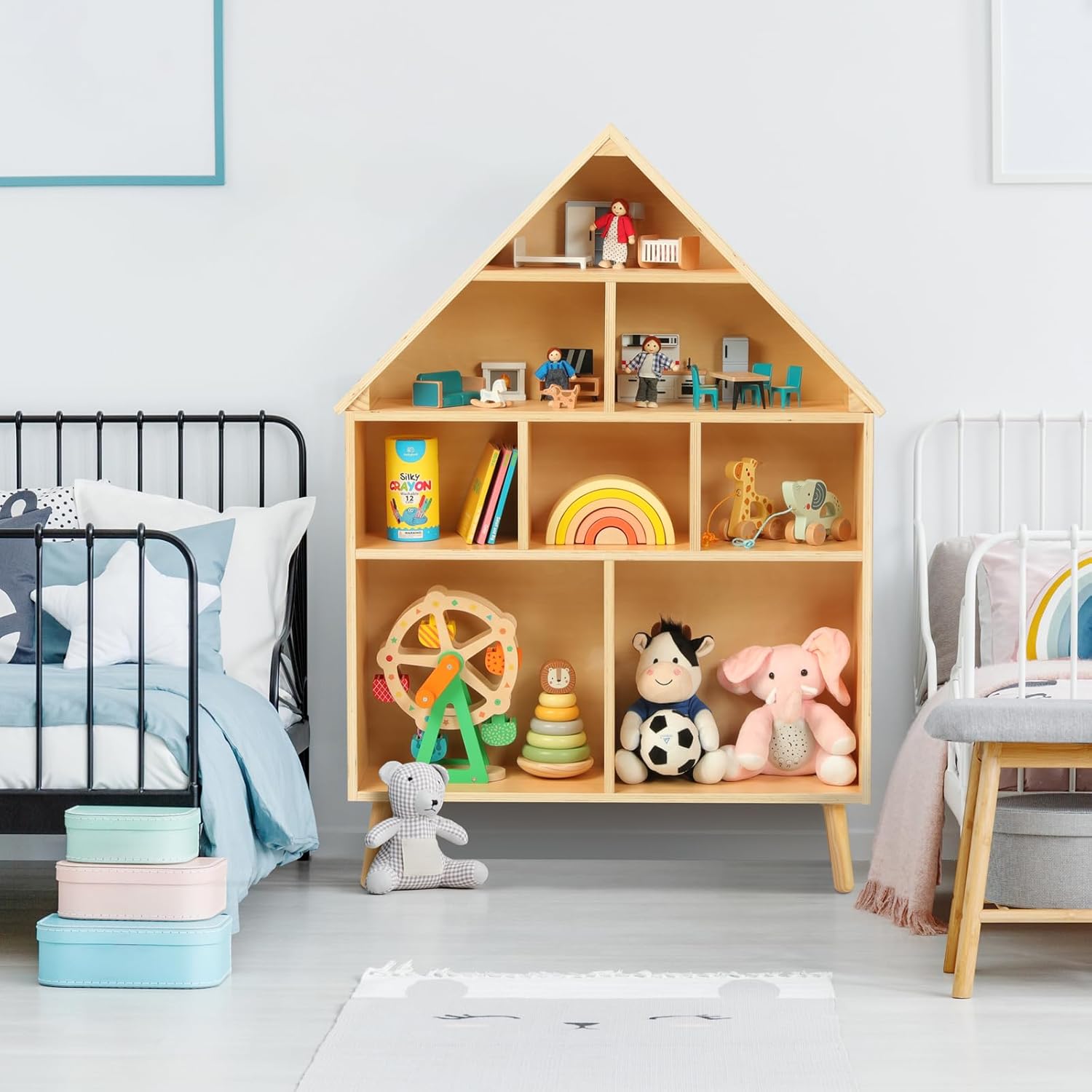 Estante Montessori de madera para niños pequeños, estantería de casa de muñecas, organizadores de juguetes y almacenamiento para habitación de
