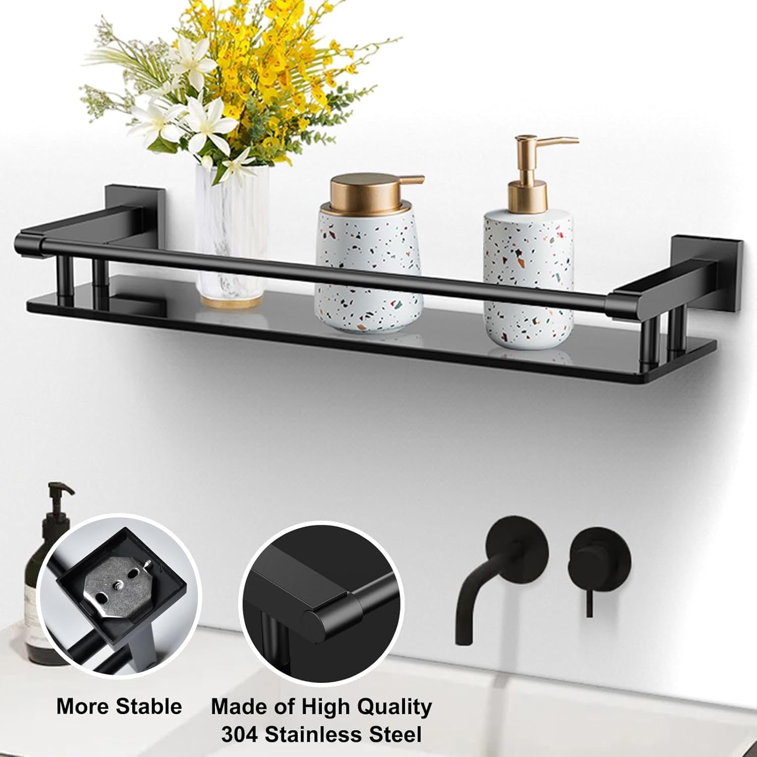 SFGSOWOR Estante rectangular de vidrio para baño de 20 pulgadas, de acero inoxidable, vidrio templado, moderno, de acero inoxidable, accesorios de
