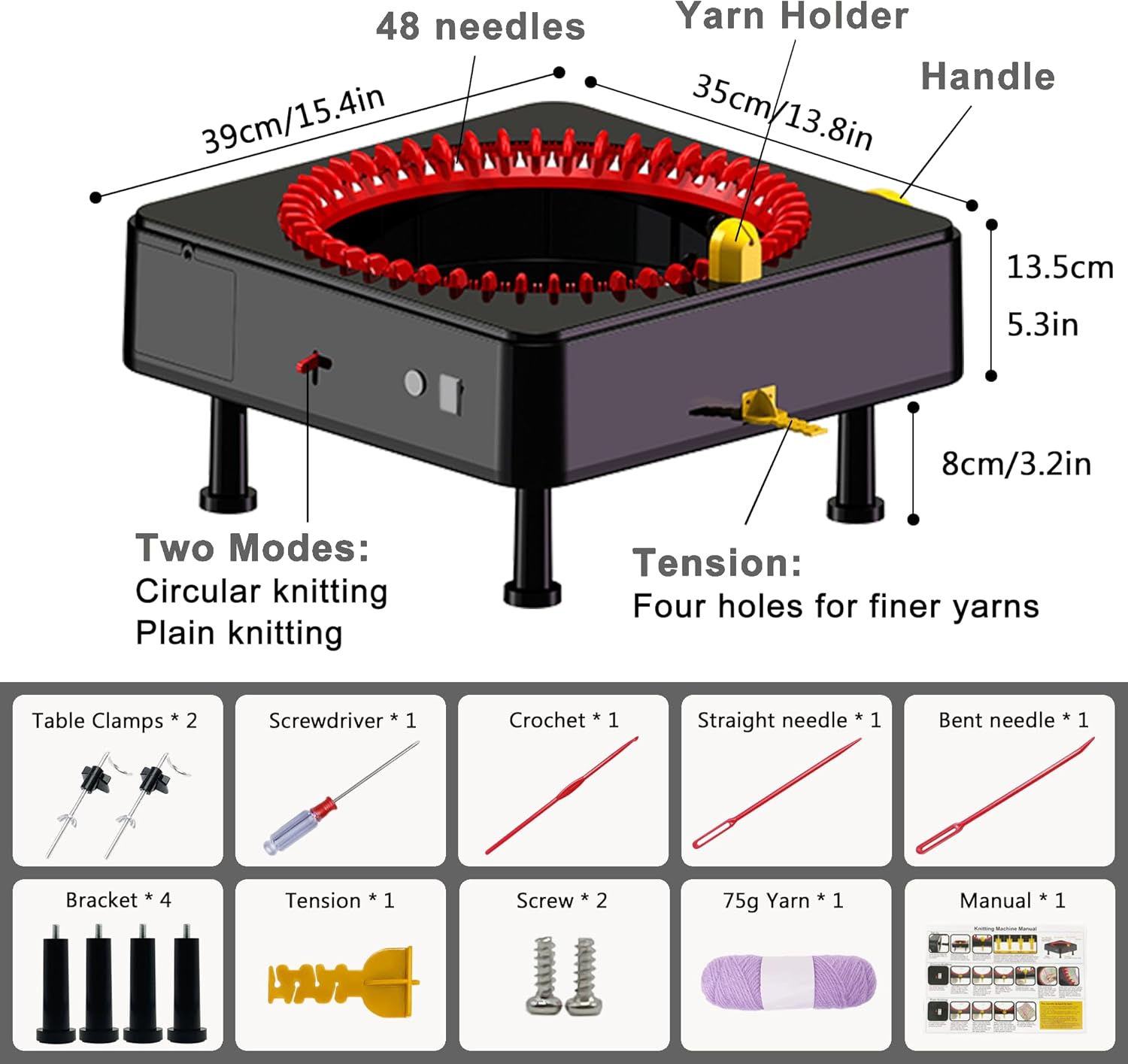 Máquina de tejer de 48 agujas, máquina de tejer con manivela para adultos, kit de máquina de punto giratorio de doble punto (sin función eléctrica)