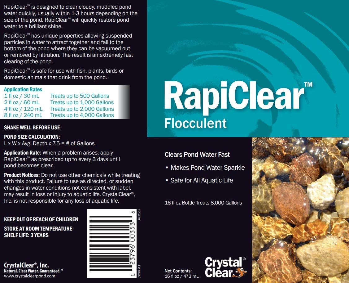 CrystalClear RapiClear Floculante líquido  Clarificador de agua de estanque  16 onzas trata hasta 8,000 galones