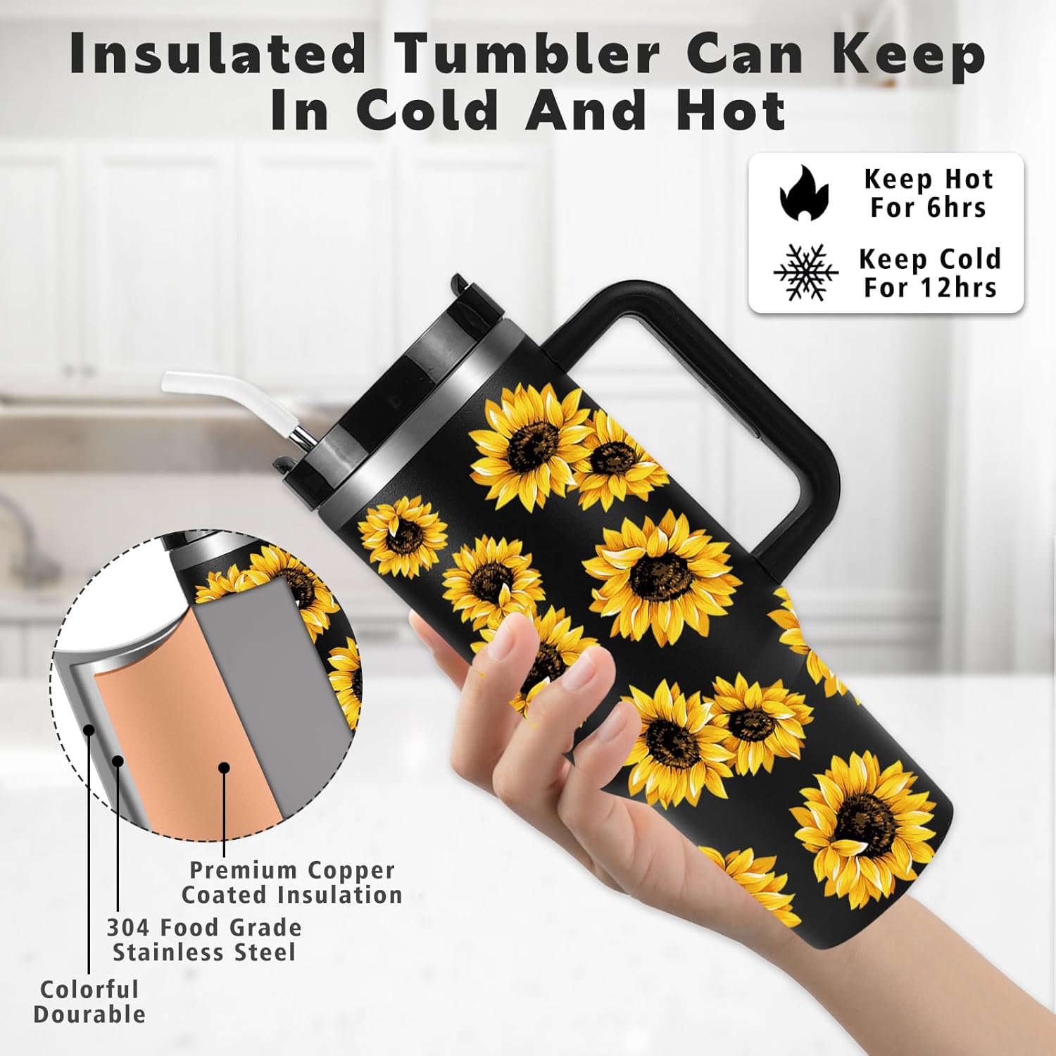 Vaso de 40 onzas con asa, tapa a prueba de derrames, popote y posavasos de silicona, taza aislada de doble pared de acero inoxidable, taza de café