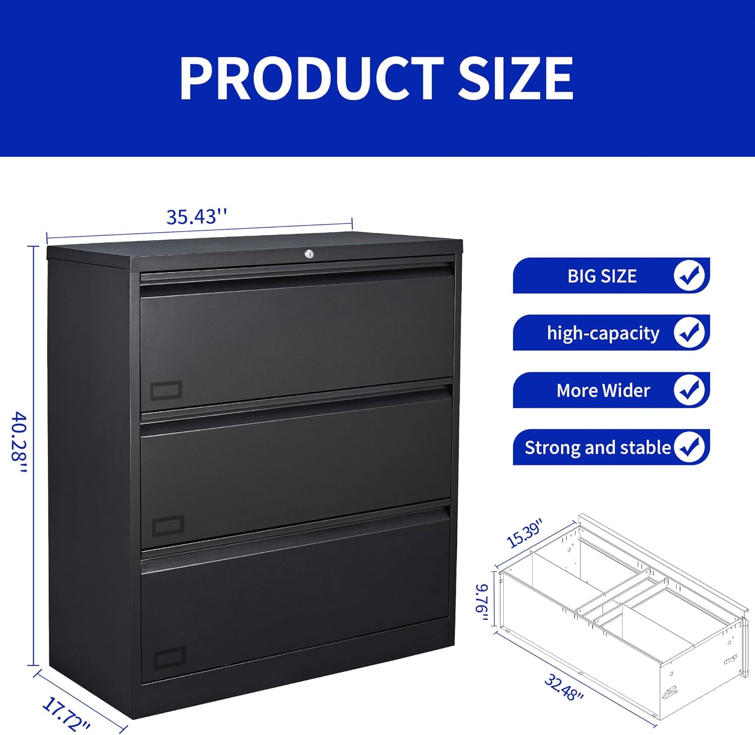 Archivador lateral con cerradura, archivadores laterales de metal inoxidable de 3 cajones, gabinetes de almacenamiento para oficina en casa para