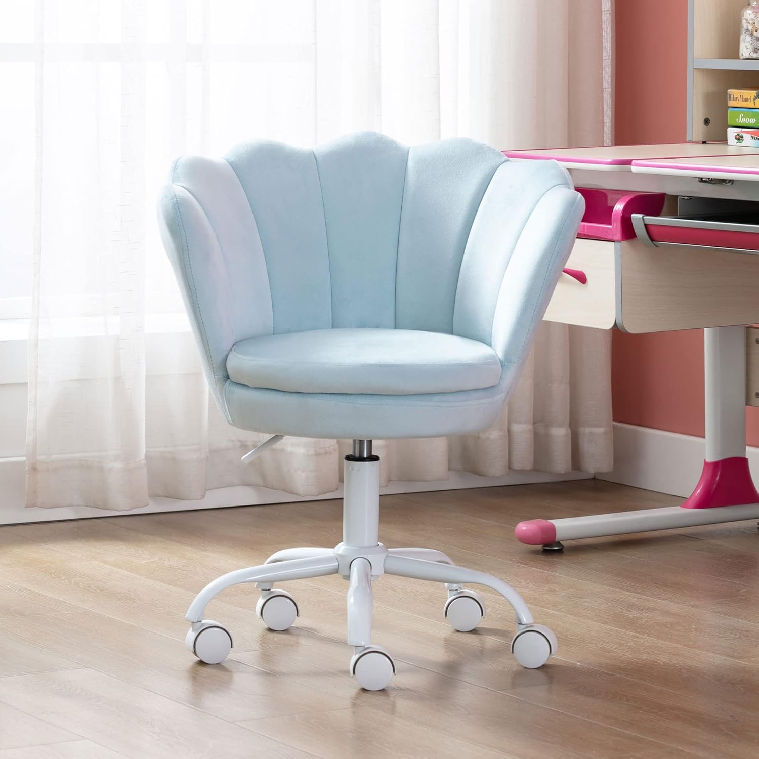 Silla de escritorio de terciopelo para niños, bonita silla de computadora moderna tapizada, con brazo giratorio, silla de tocador ajustable para