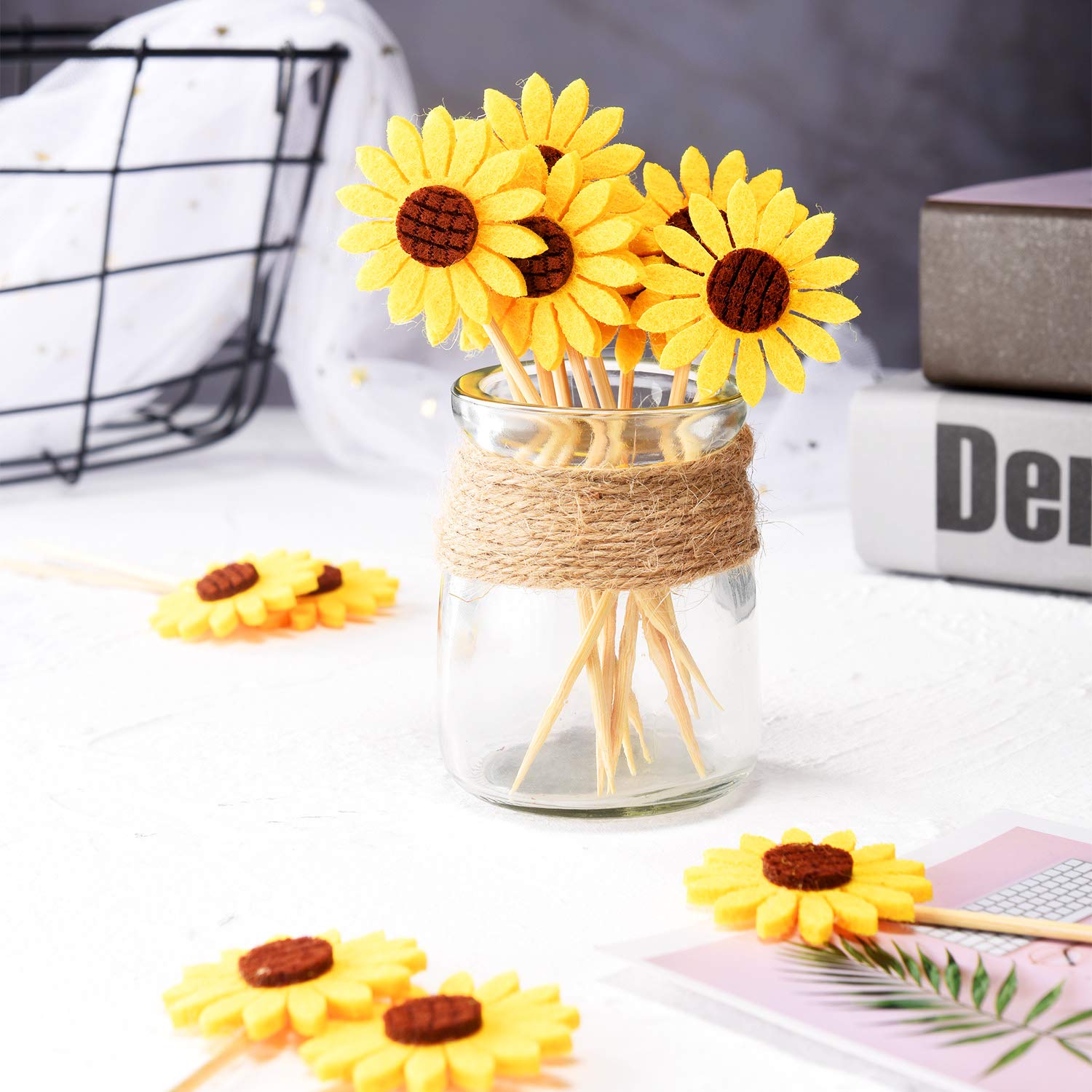 60 piezas de adornos de girasol para cupcakes de flores amarillas, palillos de dientes de girasol, palillos de comida de verano para suministros de