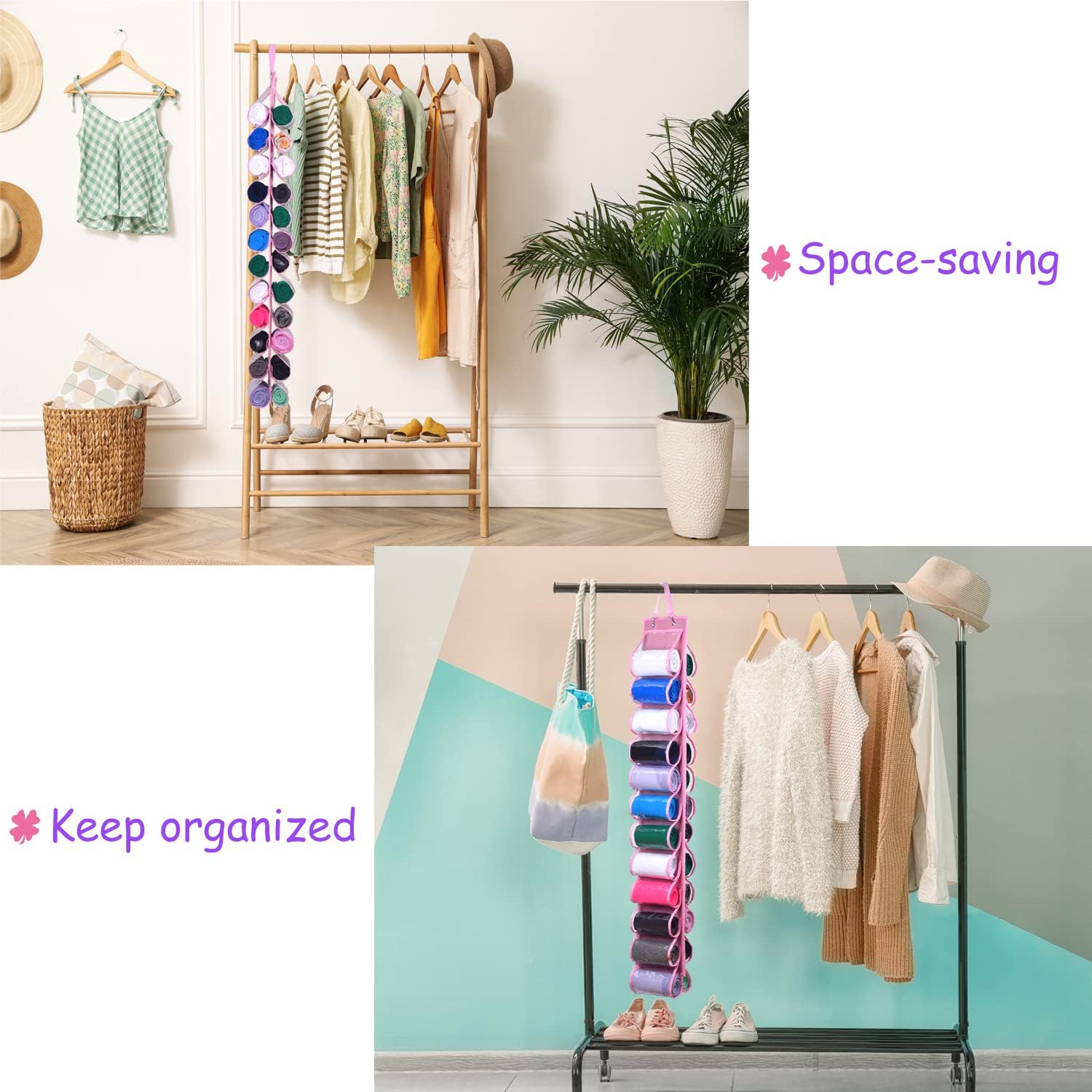 Organizador de leggings, bolsa de almacenamiento de ropa, organizador de camisetas, soporte para rollo de ropa, bolsa colgante para leggings, bolsa