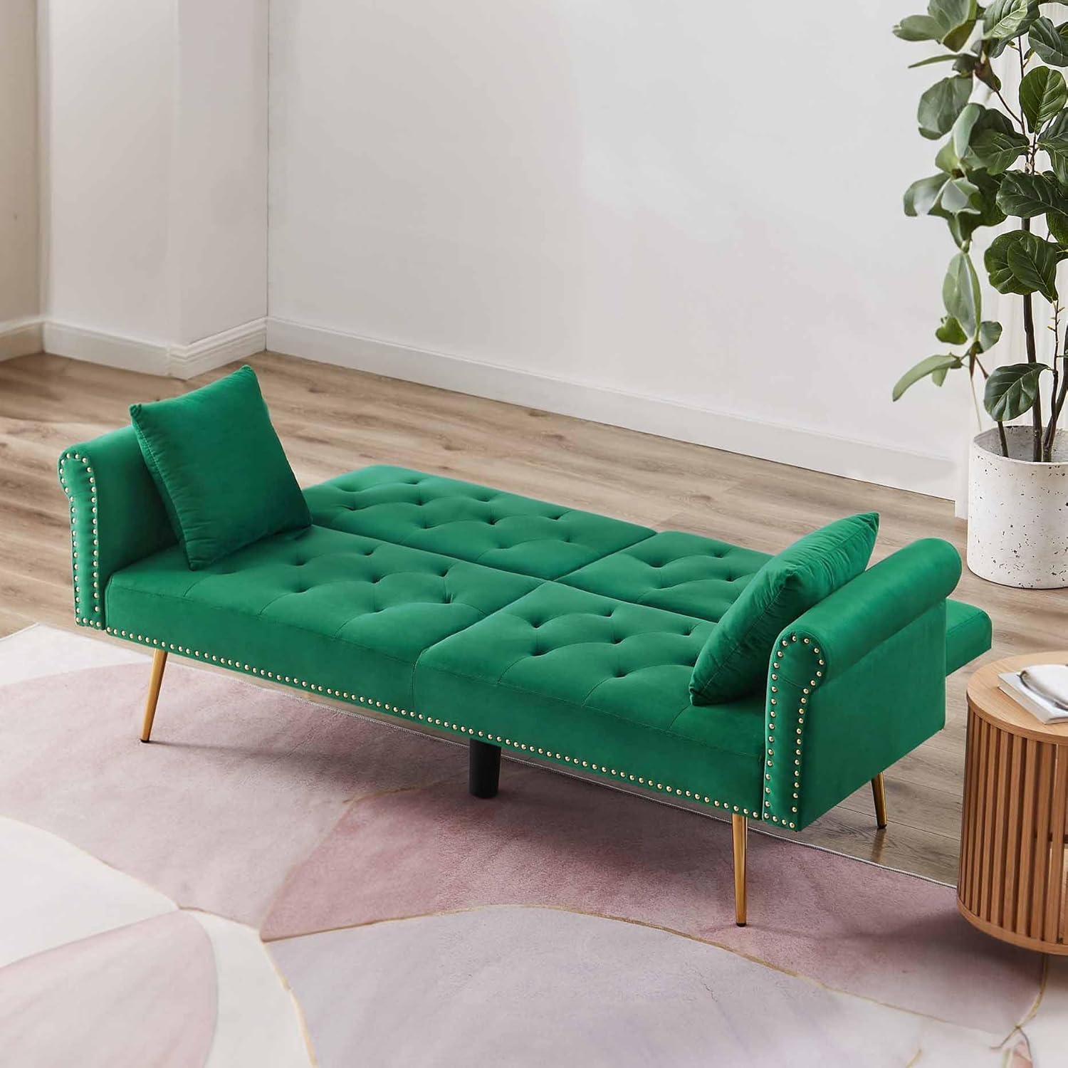 Sofá cama moderno de terciopelo 2 en 1 de 70 pulgadas, sofá cama convertible con piernasalmohadas, sofá biplaza tapizado plegable, asiento de espuma