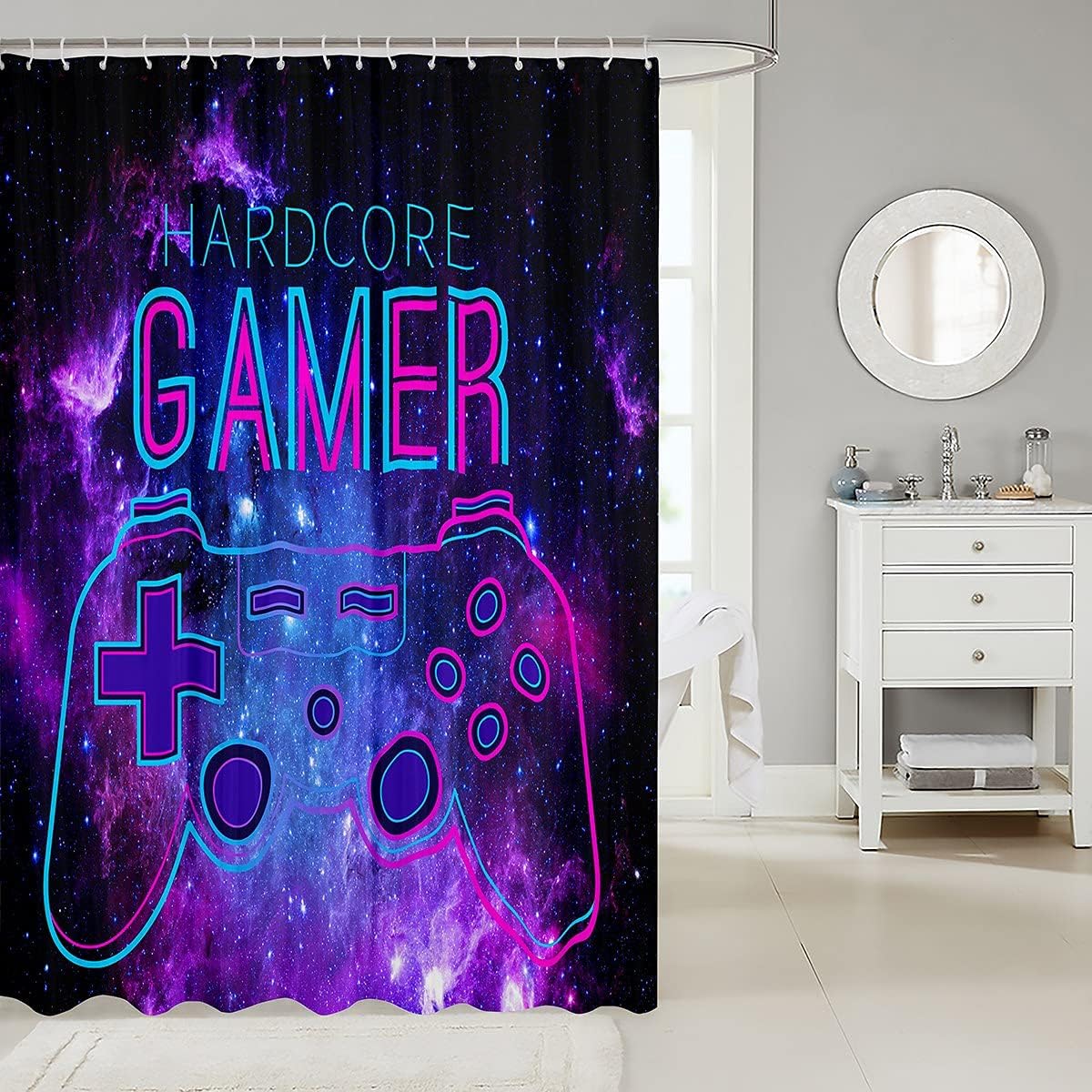 Feelyou Cortina de ducha con estampado de consola de videojuegos para niños, con 12 ganchos, control de videojuegos, cielo estrellado, juego de