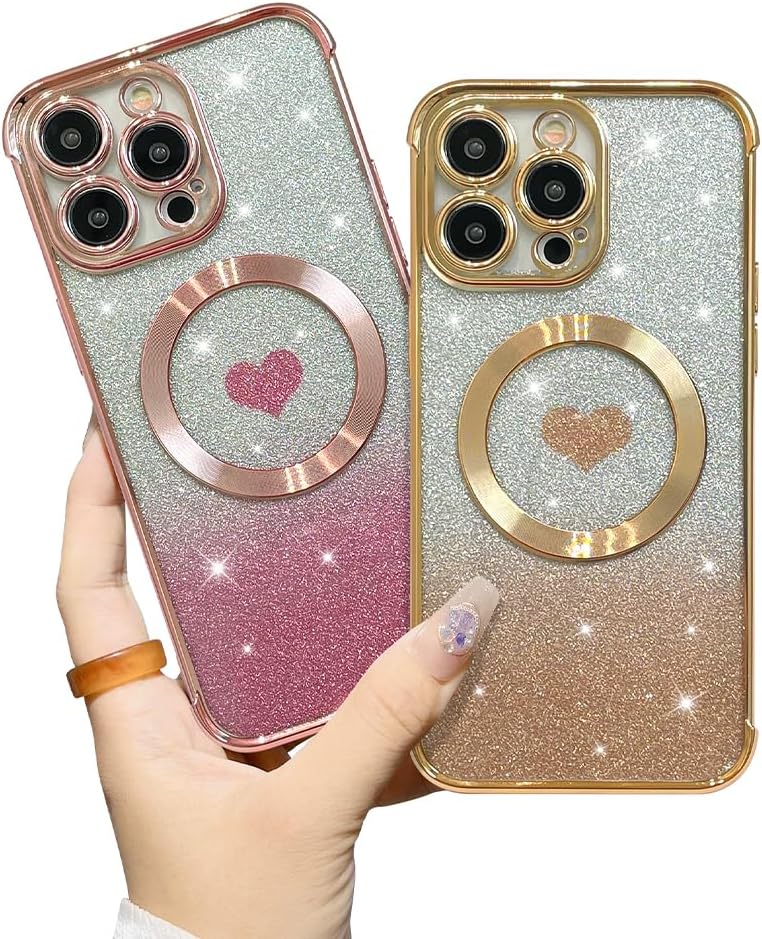 AIGOMARA Funda magnética transparente con purpurina para iPhone 15 Pro Max, compatible con Magsafe, cubierta de TPU suave chapado de lujo con