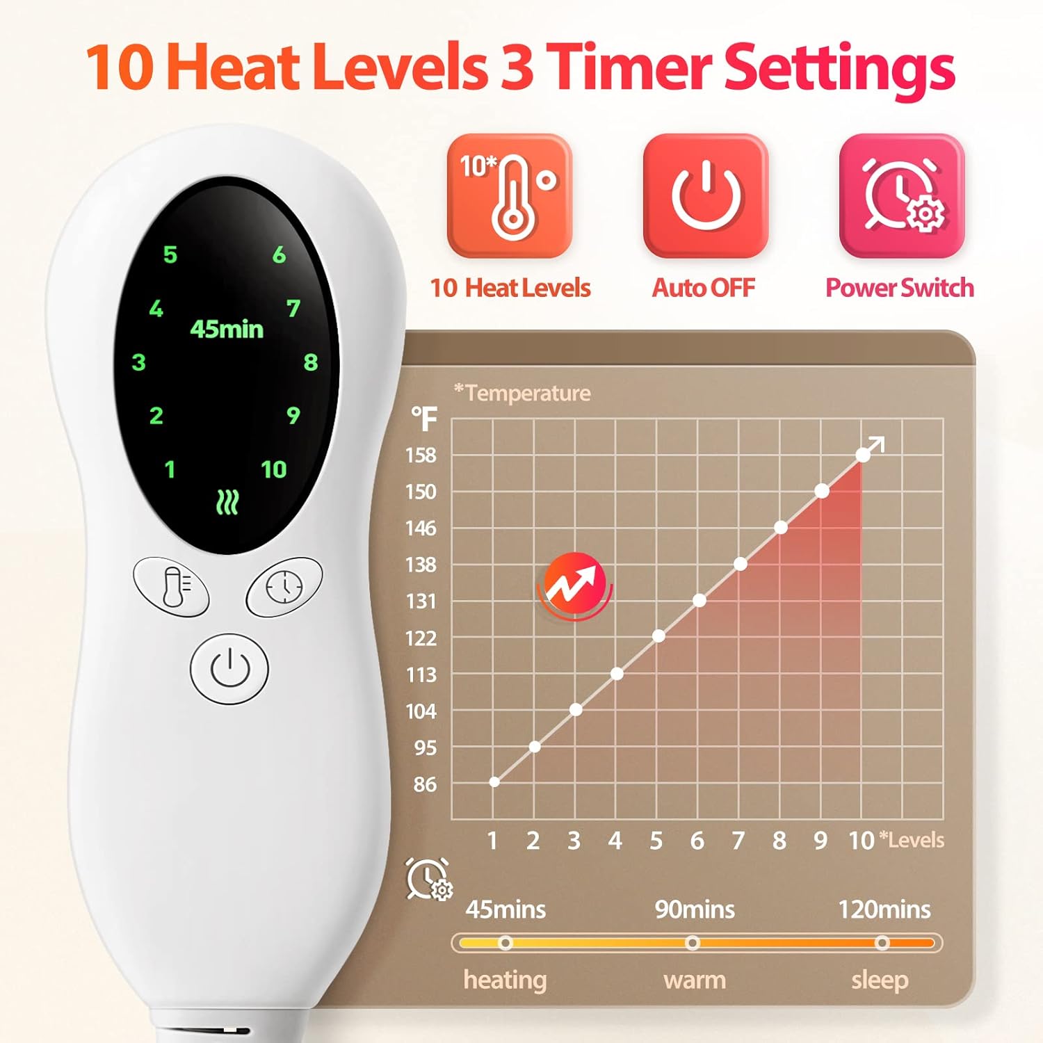 Almohadilla térmica, 10 ajustes de calor y 3 ajustes de temporizador con apagado automático, almohadilla de calefacción eléctrica para terapia de