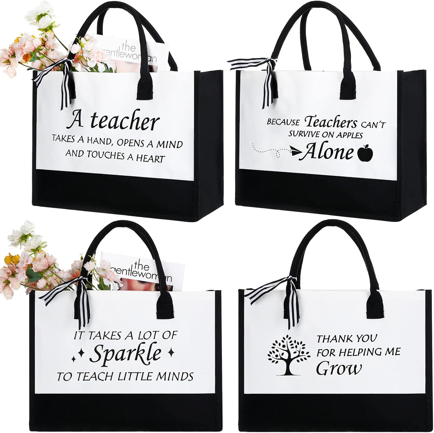 Cunno Paquete de 4 bolsas de lona para profesores, regalo de agradecimiento para profesores, cumpleaños, graduación, jubilación, citas inspiradoras