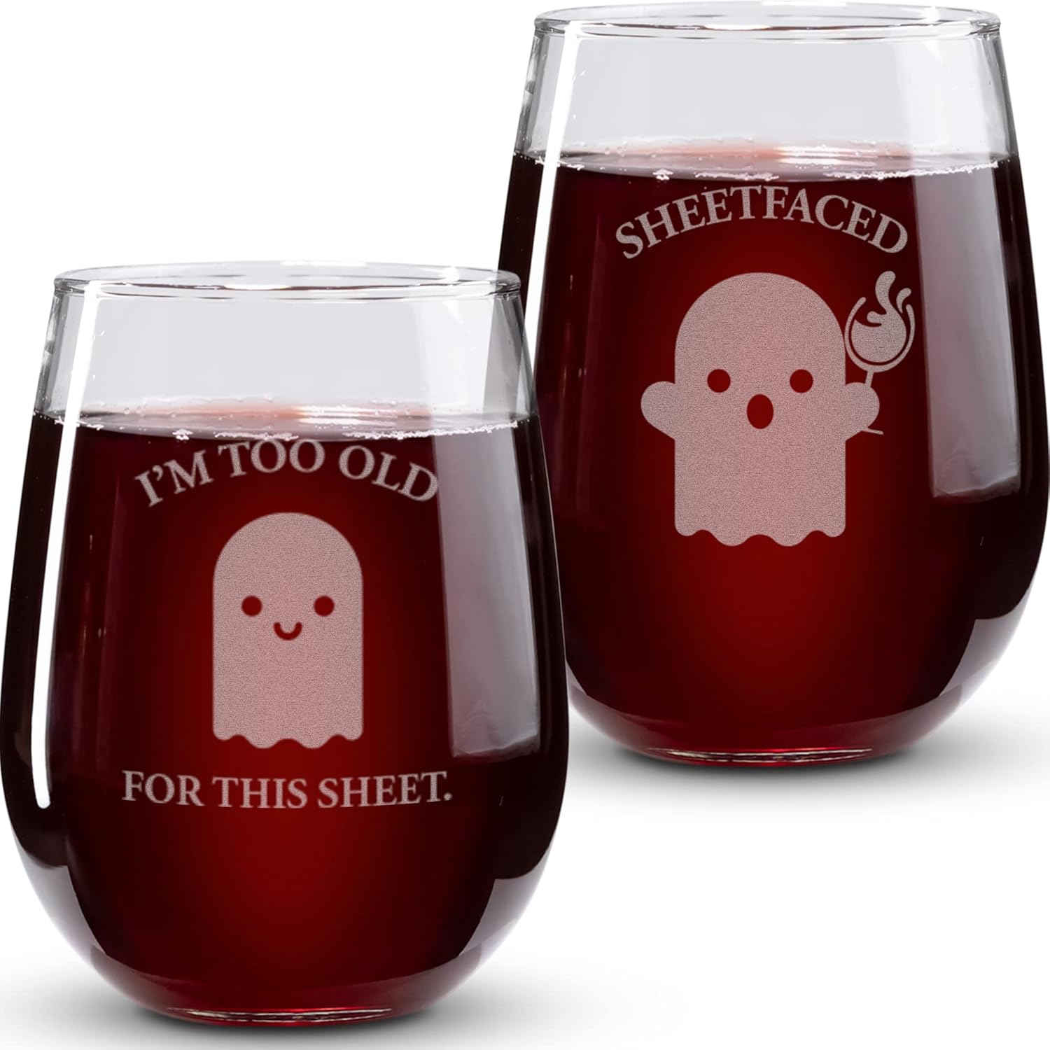 On The Rox Drinks Regalos de copa de vino de Halloween para mujeres, con texto en inglés “I Too Old For This Sheet Faced 2PC”, juego de copas de
