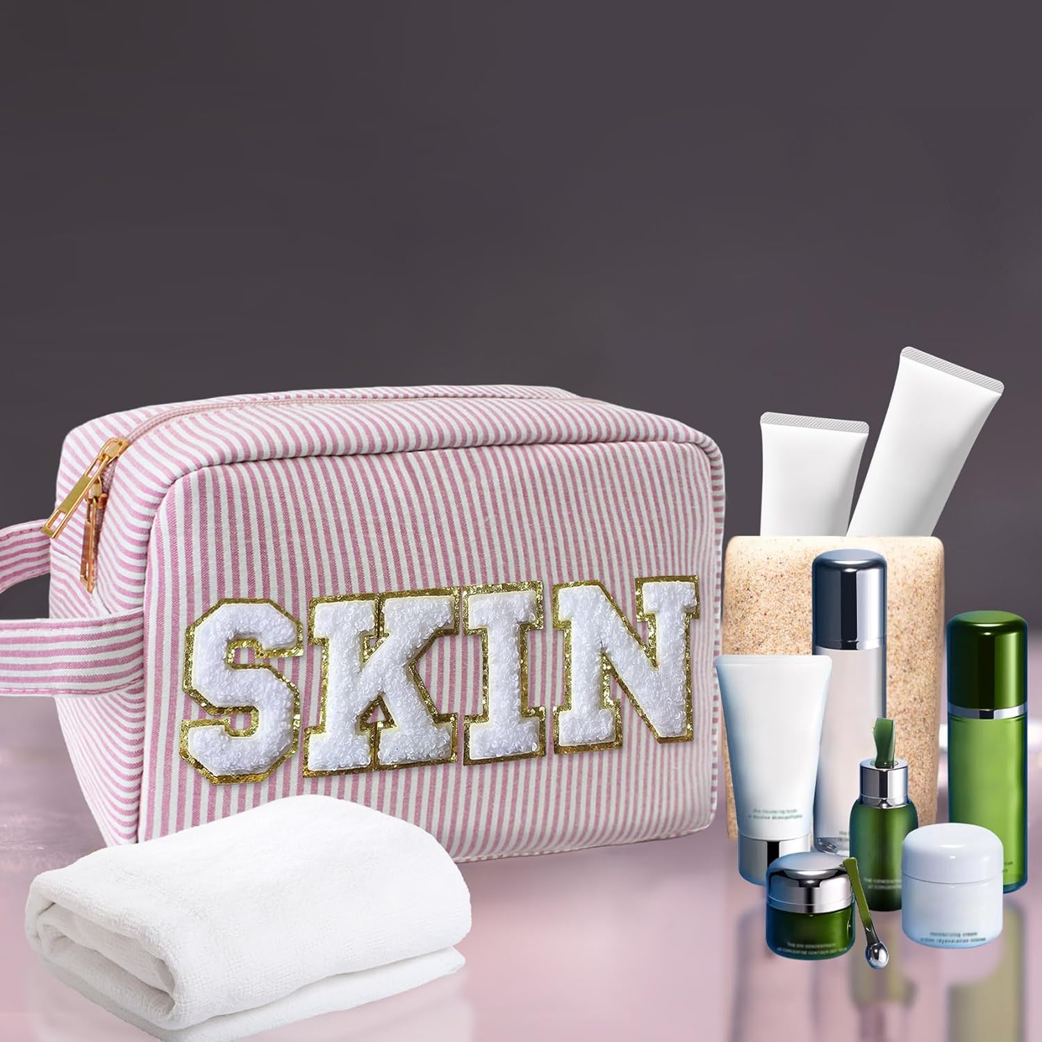 Preppy – Bolsas de maquillaje para mujer, bolsa de viaje pequeña para bolso de chenilla hinchada impermeable, bolsa de aseo de playa, lindo