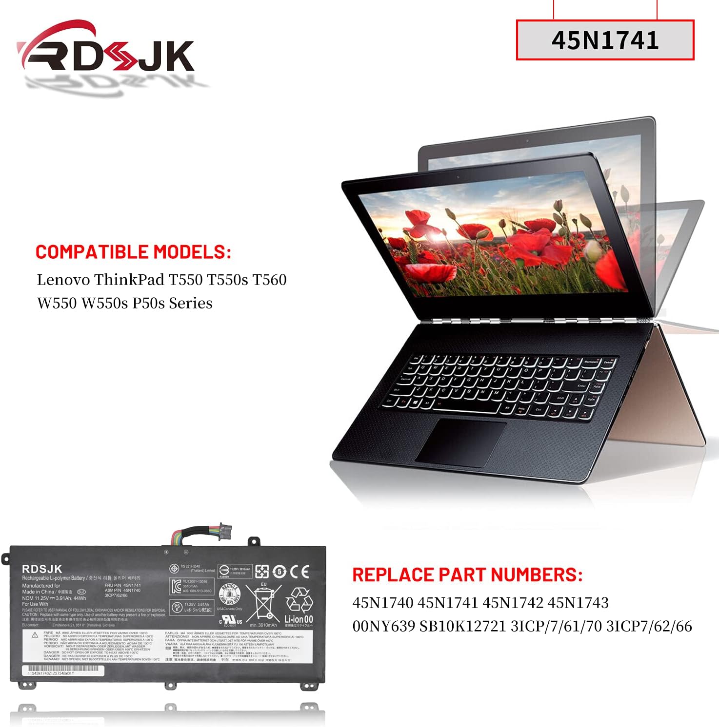 RDSJ 45N1740 45N1741 45N1742 45N1743 00NY639 Batería para portátil Lenovo ThinkPad T550 T550s T560 W550 W550s P50s Series SB10K12721 44Wh