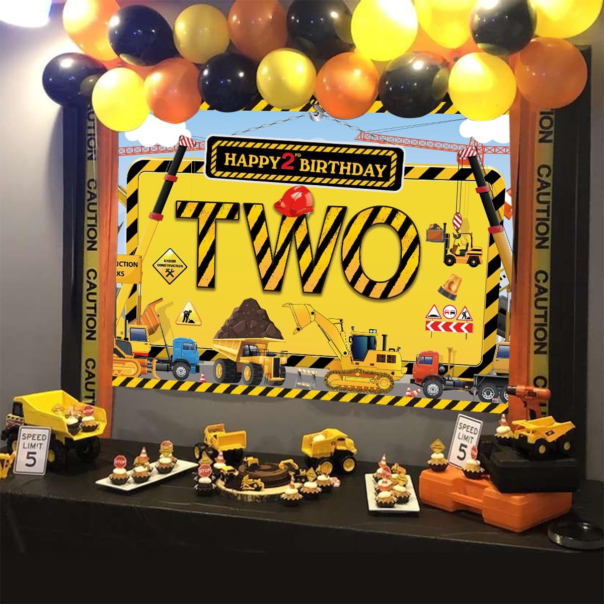 Pancarta de cumpleaños de construcción, pancarta de construcción de feliz segundo cumpleaños, suministros de fiesta de cumpleaños de construcción de