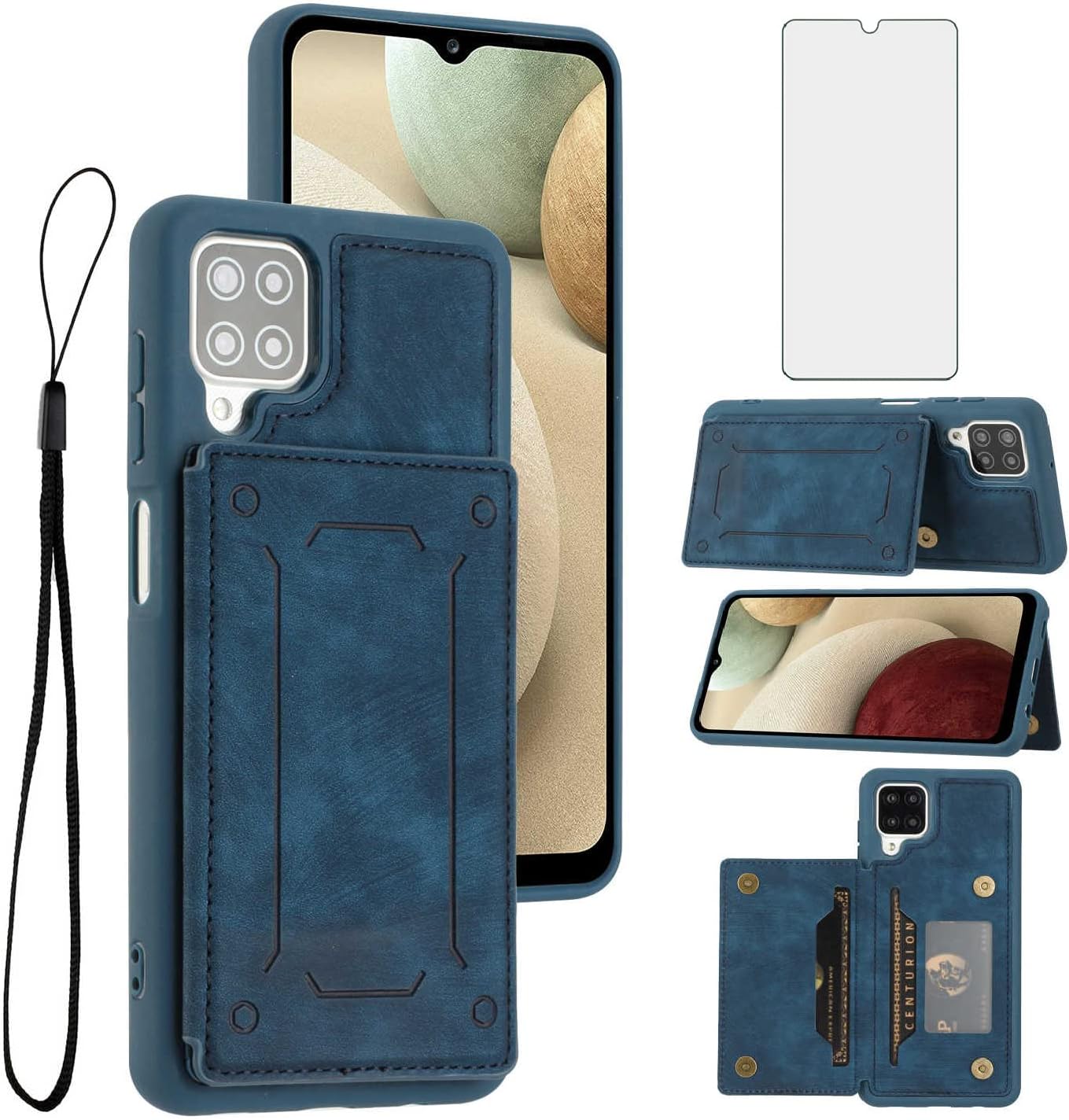 Asuwish Funda de teléfono para Samsung Galaxy A12M12 con protector de pantalla de vidrio templado y soporte delgado para tarjetas de crédito,
