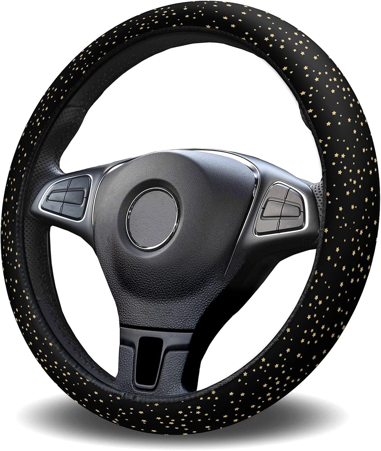 Funda para volante de automóvil, diseño de estrellas pequeñas y doradas, color negro, elástica, esponja, protectora, para vehículos, camiones, SUV,
