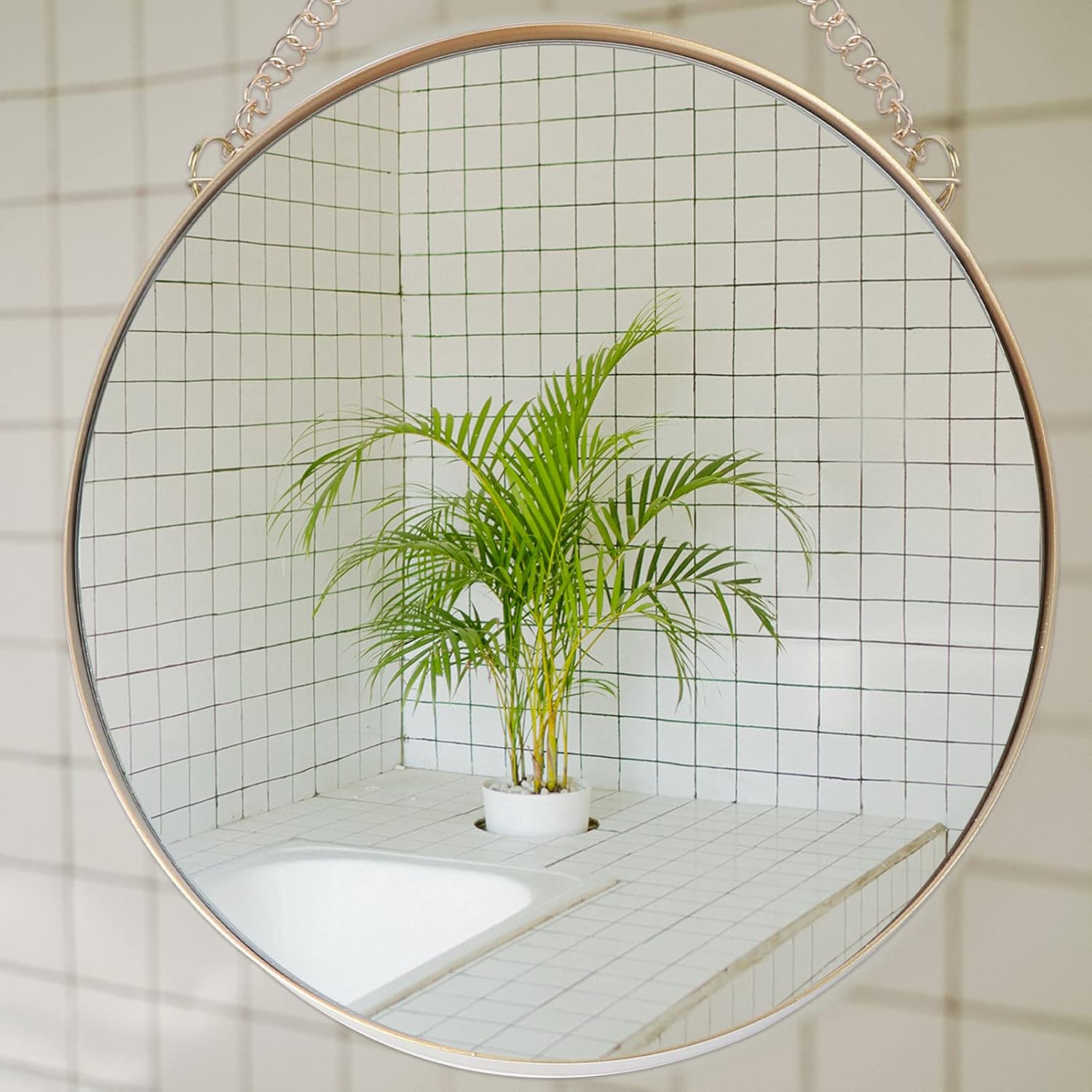 DECHOUS Espejo para tocador de tocador, espejos circulares con adornos dorados, espejo de decoración retro con cadena para montar en la pared,