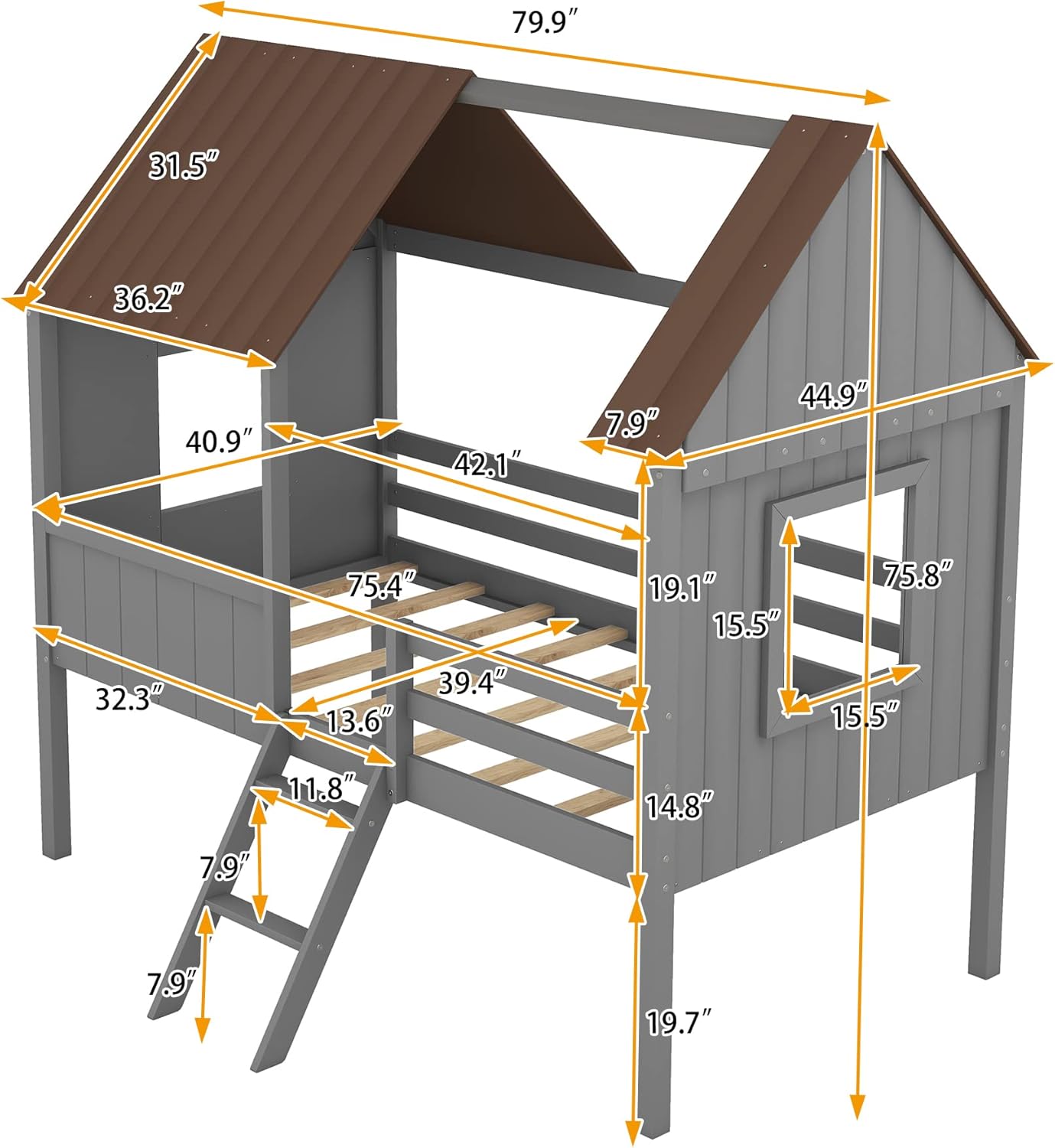 Cama individual para niños, marco de cama baja de madera con ventanas y techo, fácil montaje, para niñas y niños (gris + marrón)