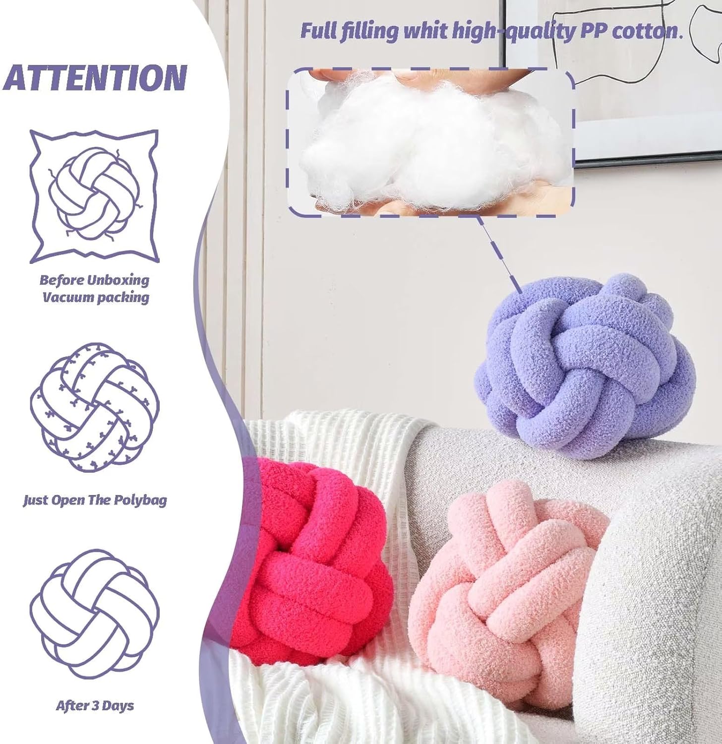 VBGYA Almohadas decorativas de 8 pulgadas con nudo, almohadas decorativas de lavanda de 8 pulgadas, almohadas pequeñas y redondas de felpa anudadas,