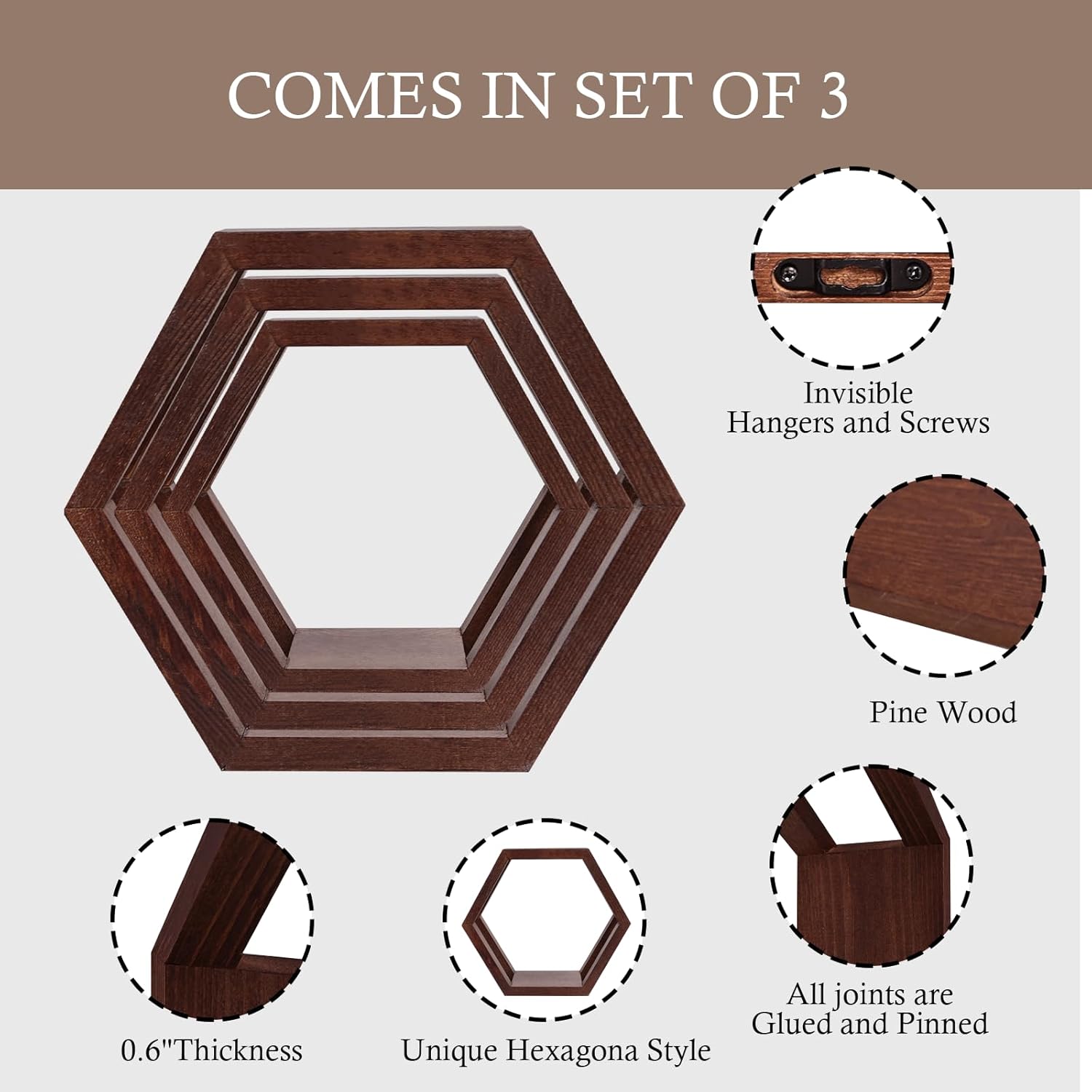 YLYHSST Juego de 3 estantes flotantes hexagonales, estantes de madera de panal para almacenamiento en la pared, estante decorativo para dormitorio,