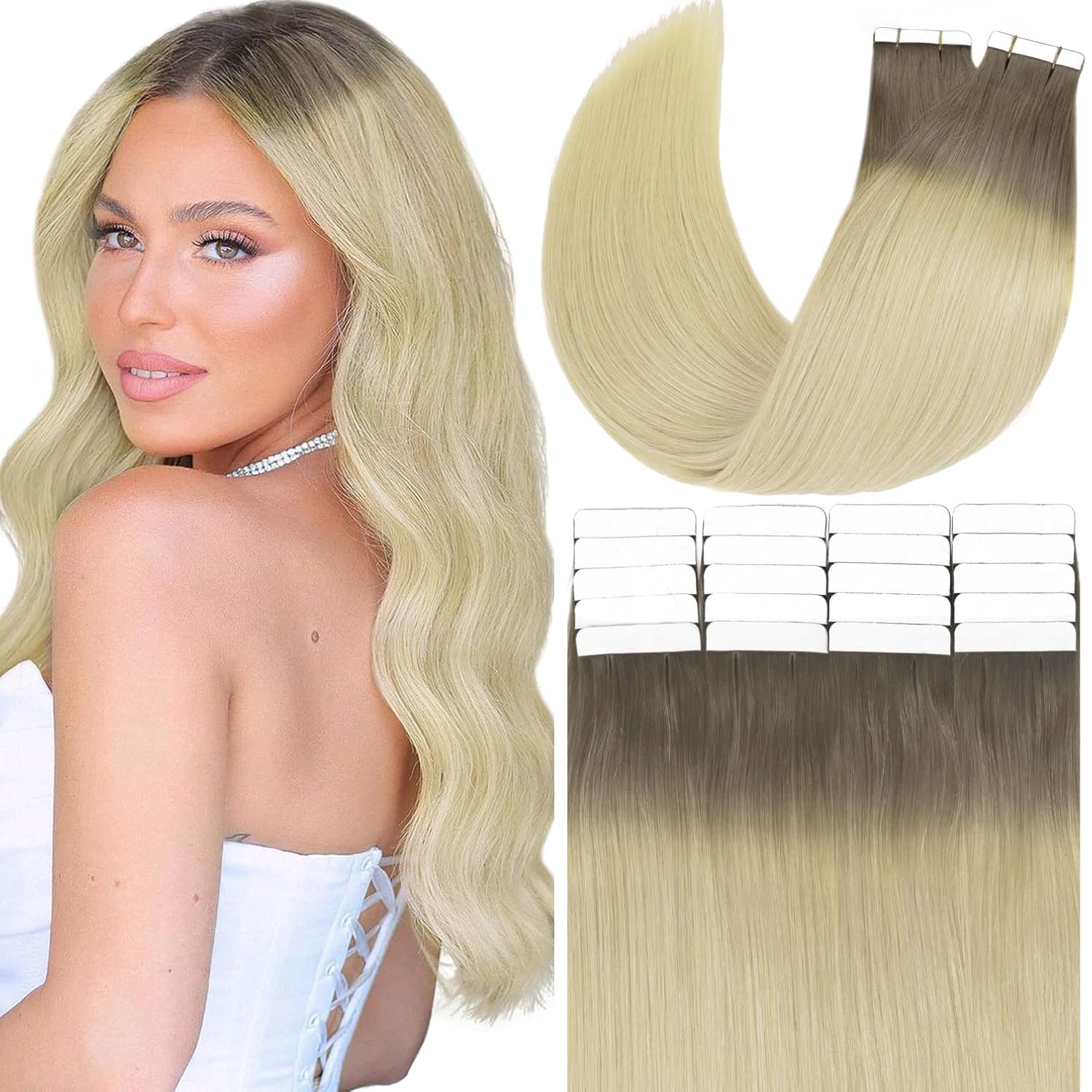 Anrosa Extensiones de cabello humano con cinta adhesiva, 14 pulgadas, color marrón ceniza a rubio, extensiones de cabello humano Remy, extensiones