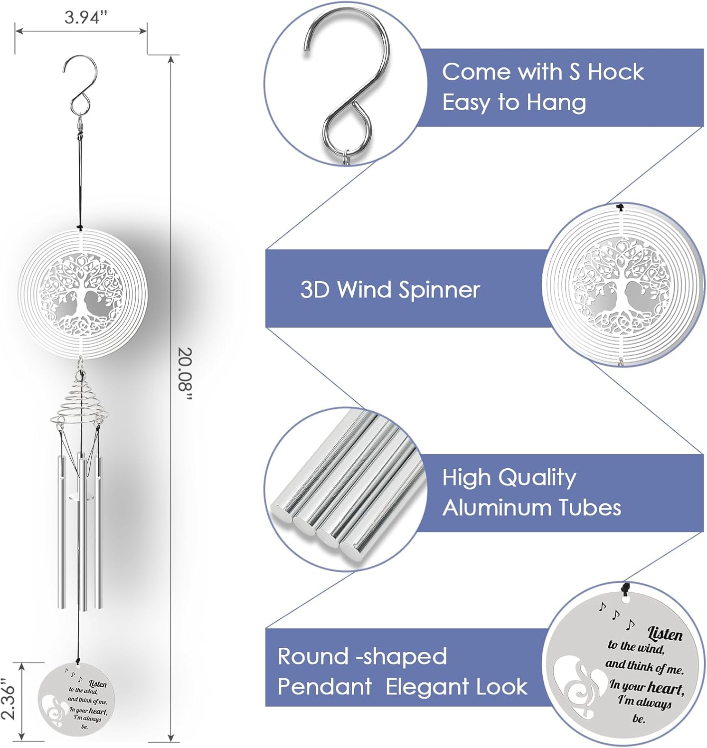 Nicelemon Campanillas de viento conmemorativas para exteriores con árbol de la vida, campanillas de viento de condolencias por pérdida de un ser